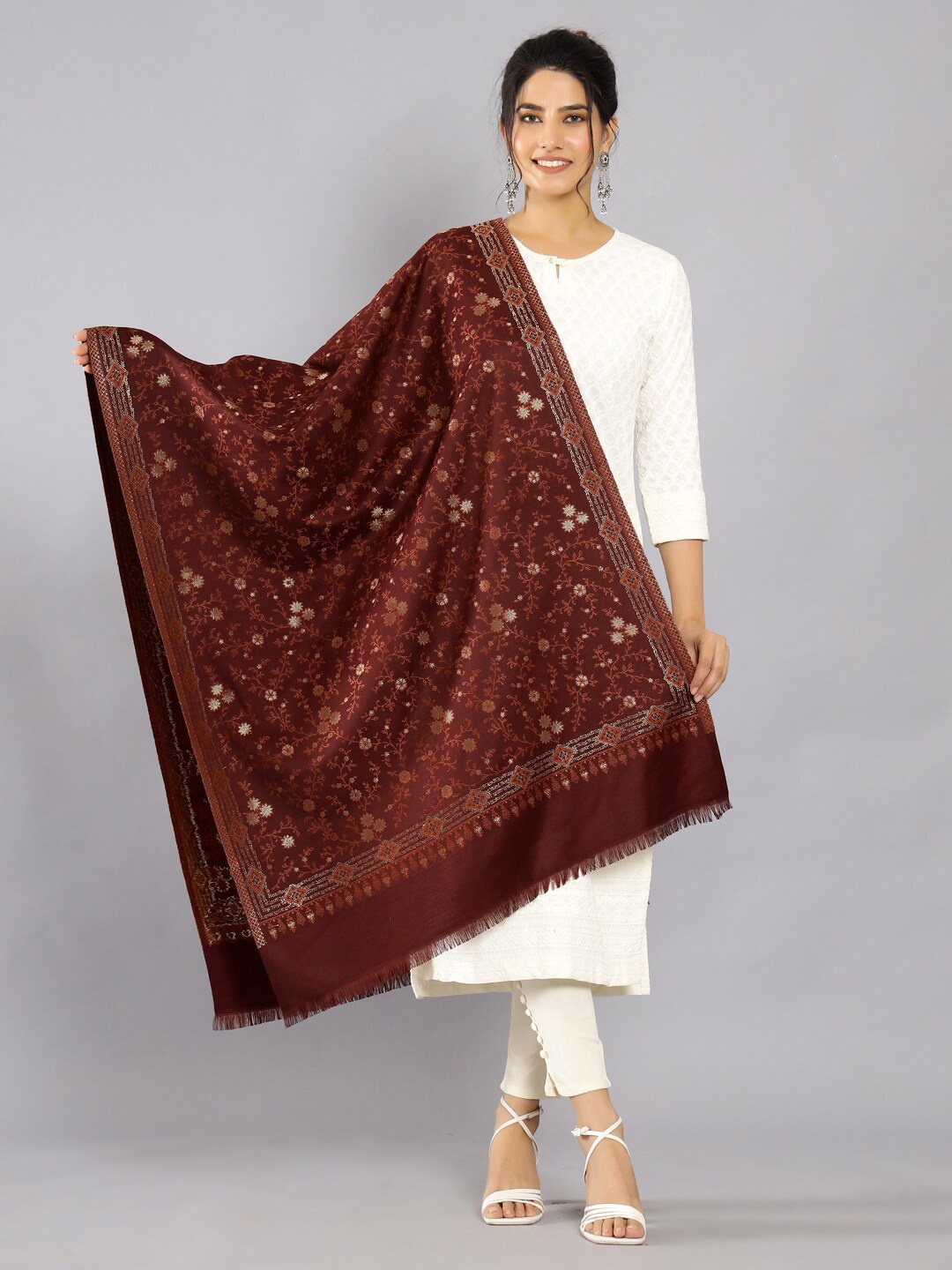 

HANDICRAFT PALACE Floral Woven Design Zari Wool Shawl, Brown
