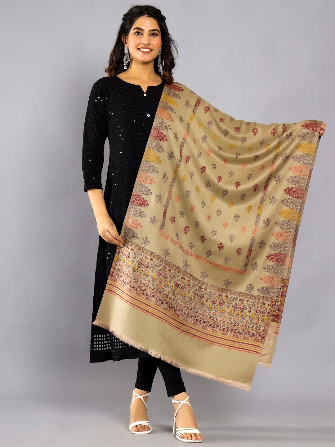 

HANDICRAFT PALACE Floral Woven Design Wool Shawl, Beige