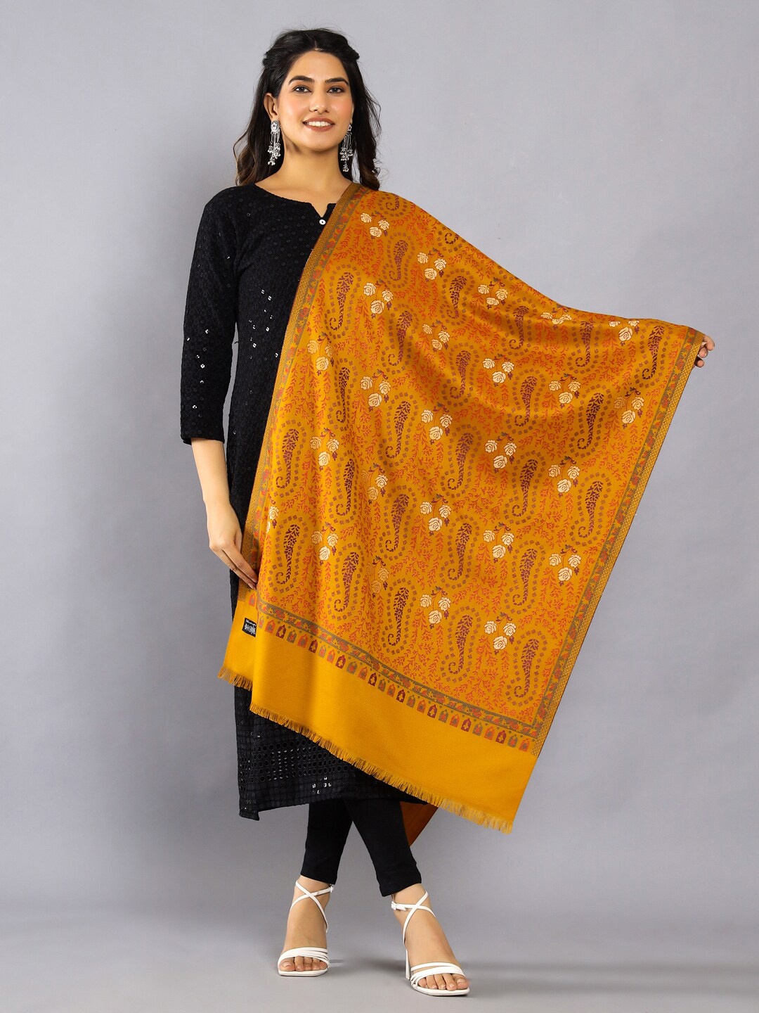 

HANDICRAFT PALACE Paisley Woven Design Wool Shawl, Mustard