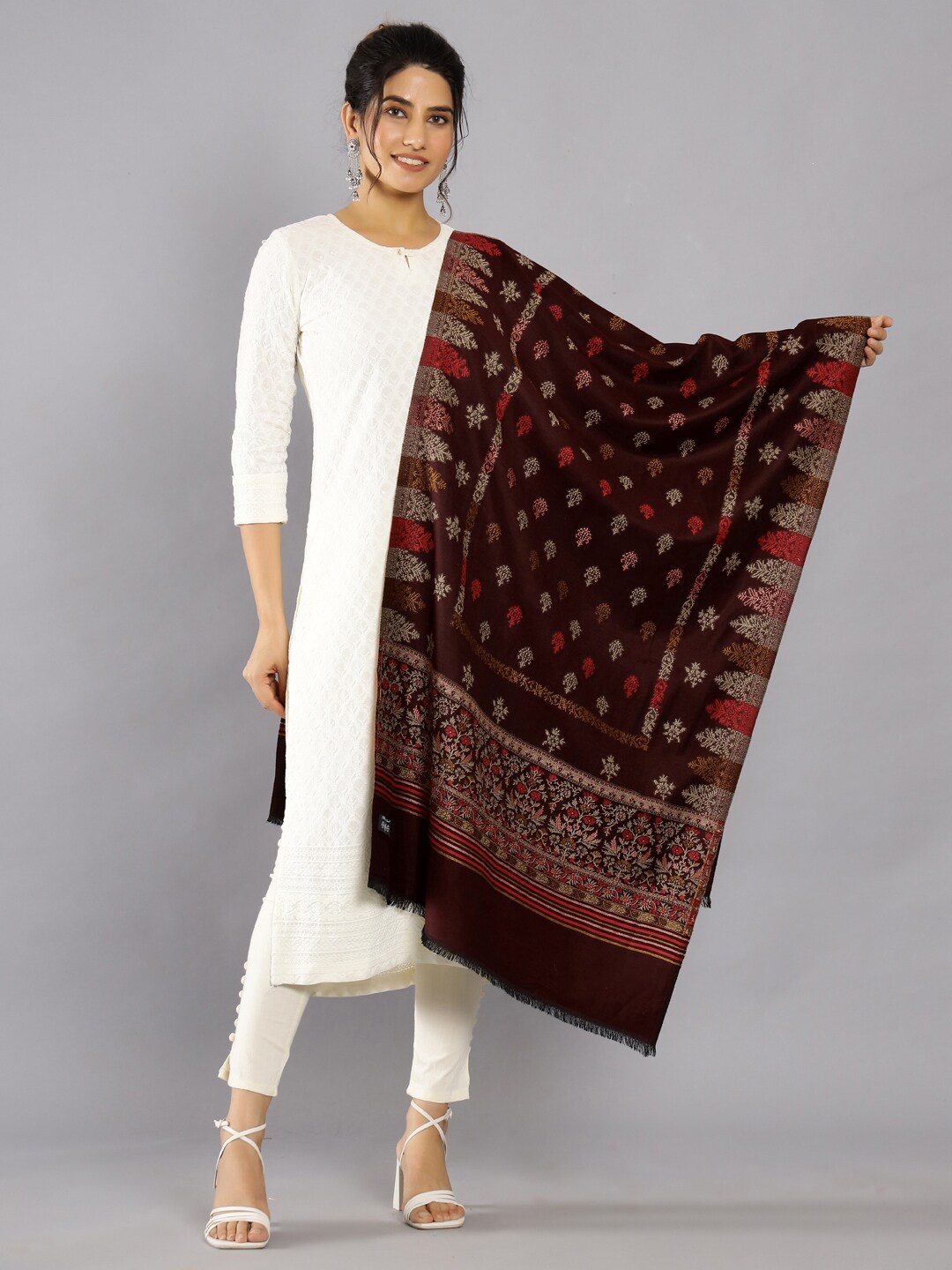 

HANDICRAFT PALACE Ethnic Motifs Woven Design Woollen Shawl, Maroon