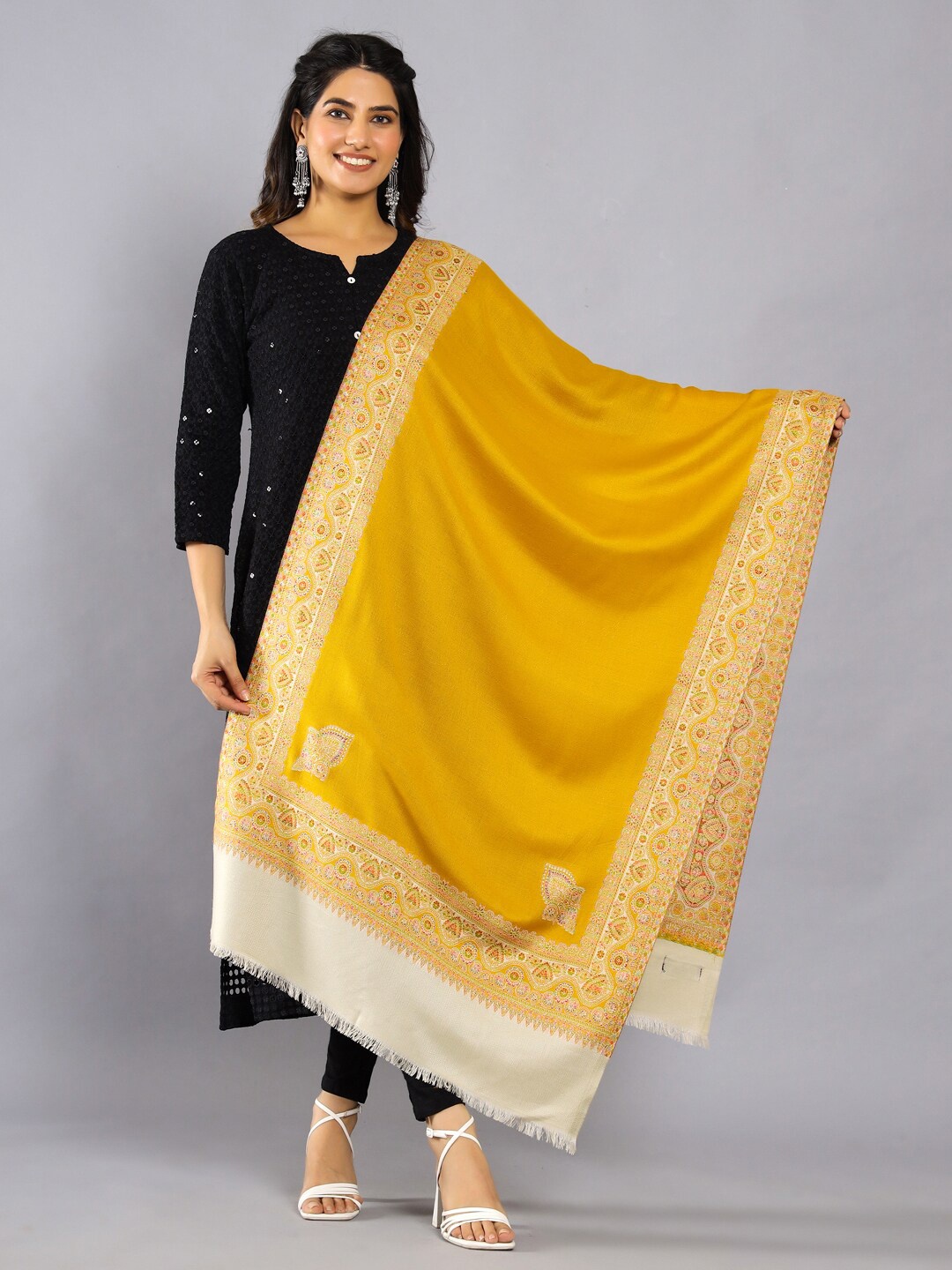 

HANDICRAFT PALACE Fringed Border Woollen Shawl, Yellow