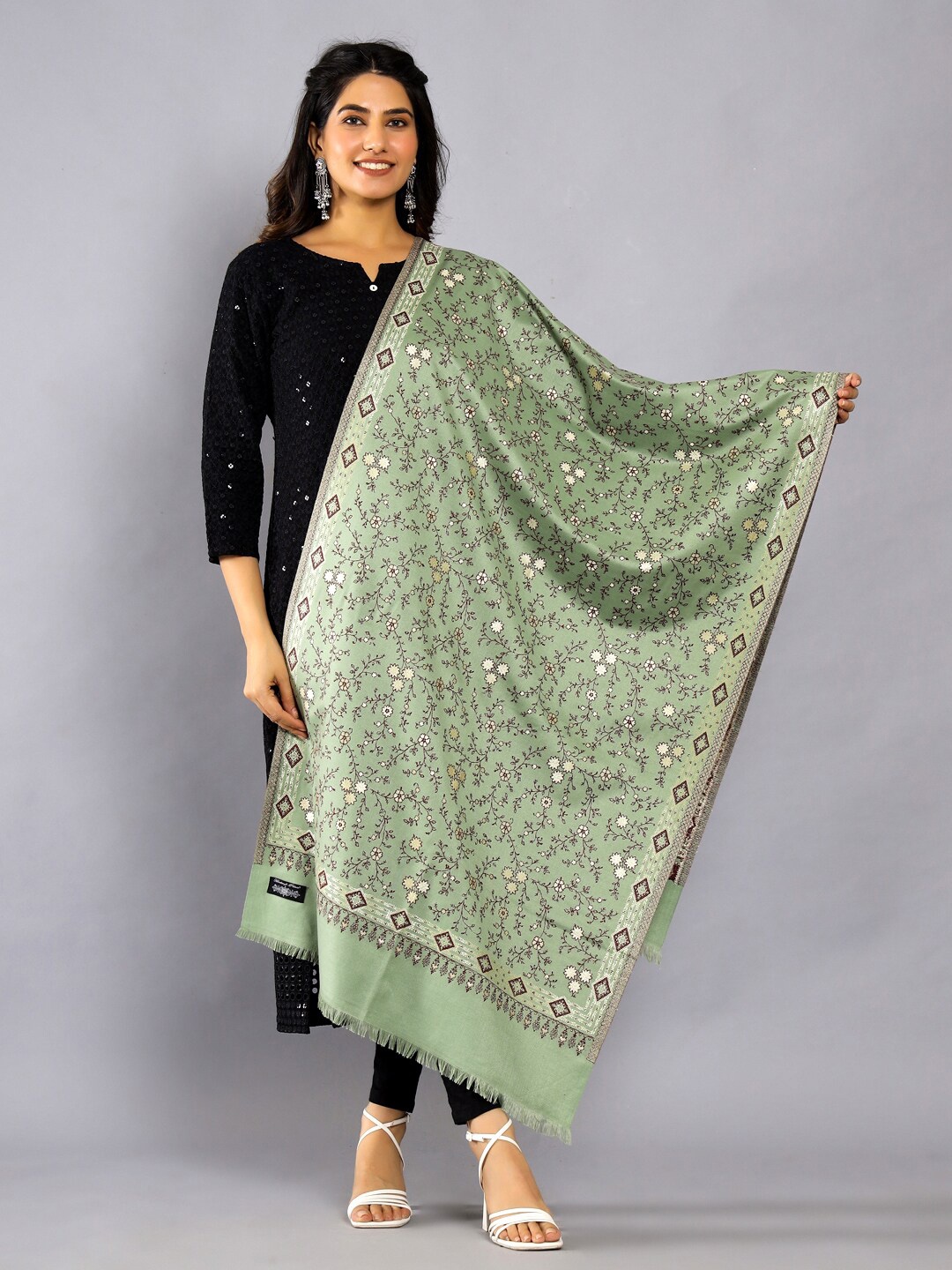 

HANDICRAFT PALACE Floral Woven Design Zari Wool Shawl, Green
