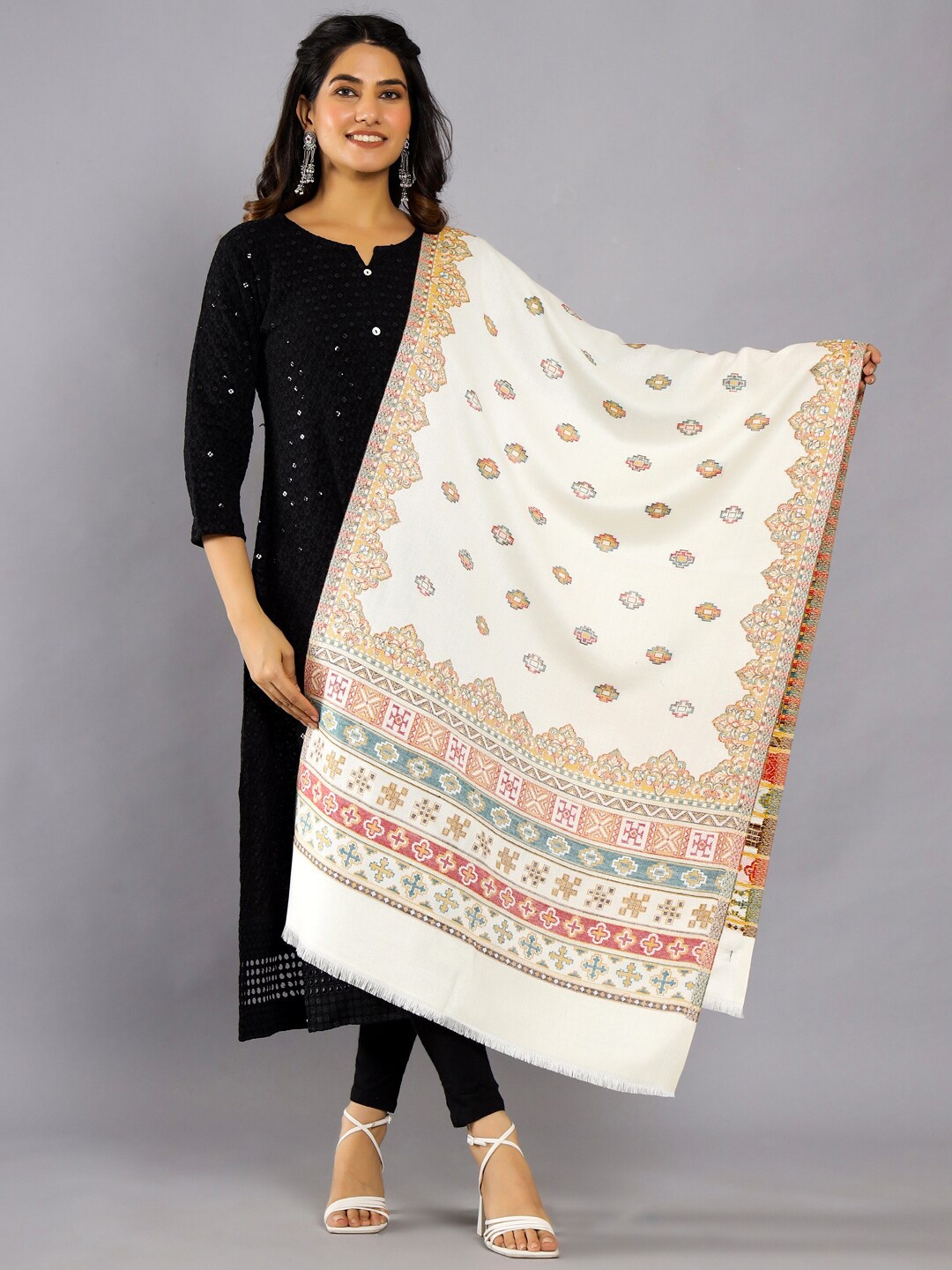 

HANDICRAFT PALACE Ethnic Motifs Woven Design Woollen Shawl, White