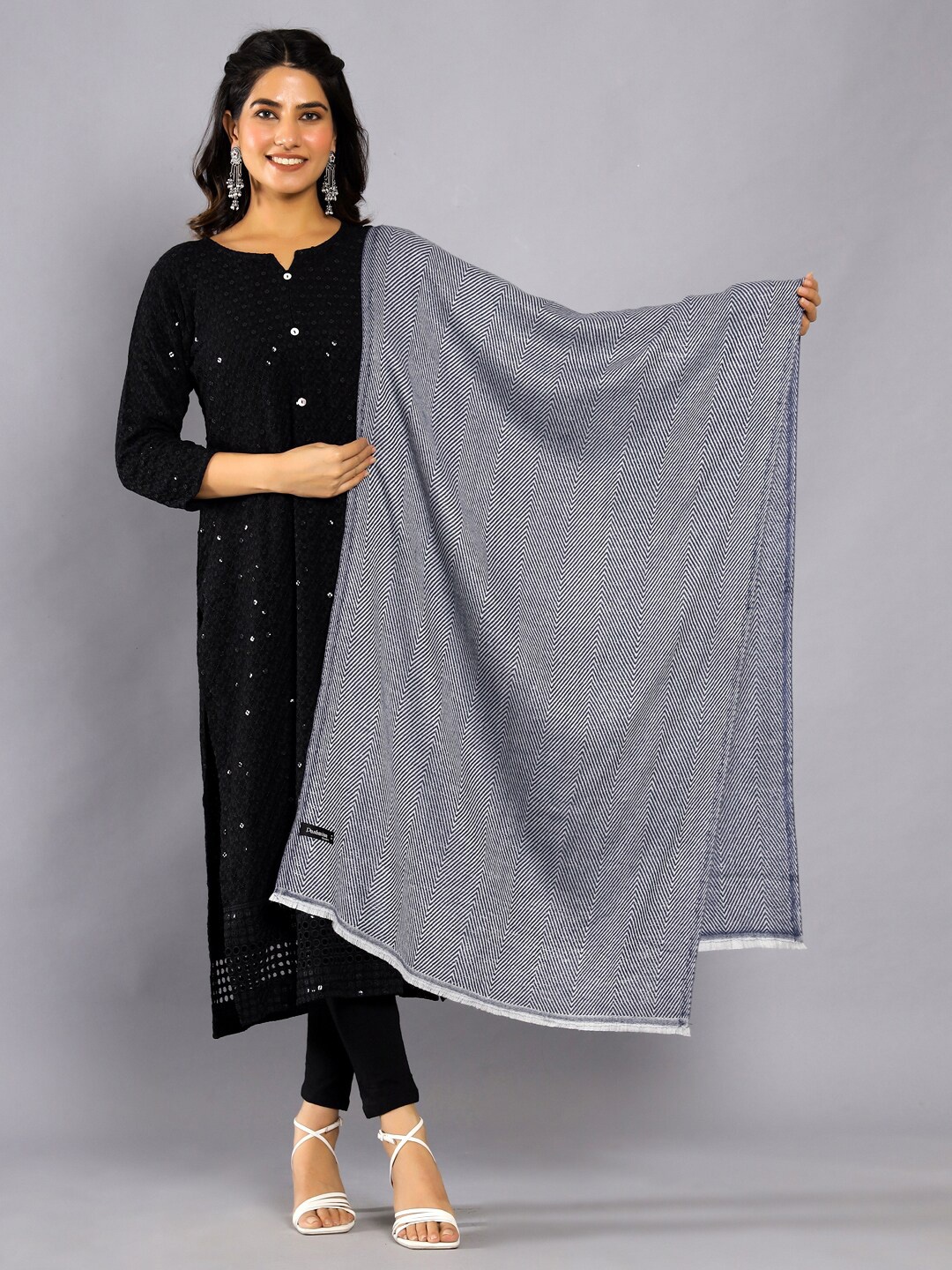 

HANDICRAFT PALACE Chevron Woven Design Woollen Shawl, Blue