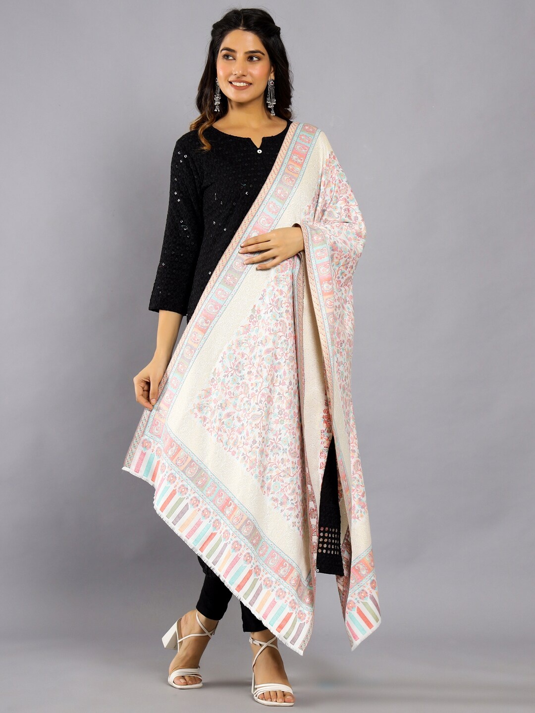 

HANDICRAFT PALACE White Paisley Woven Design Zari Wool Stole