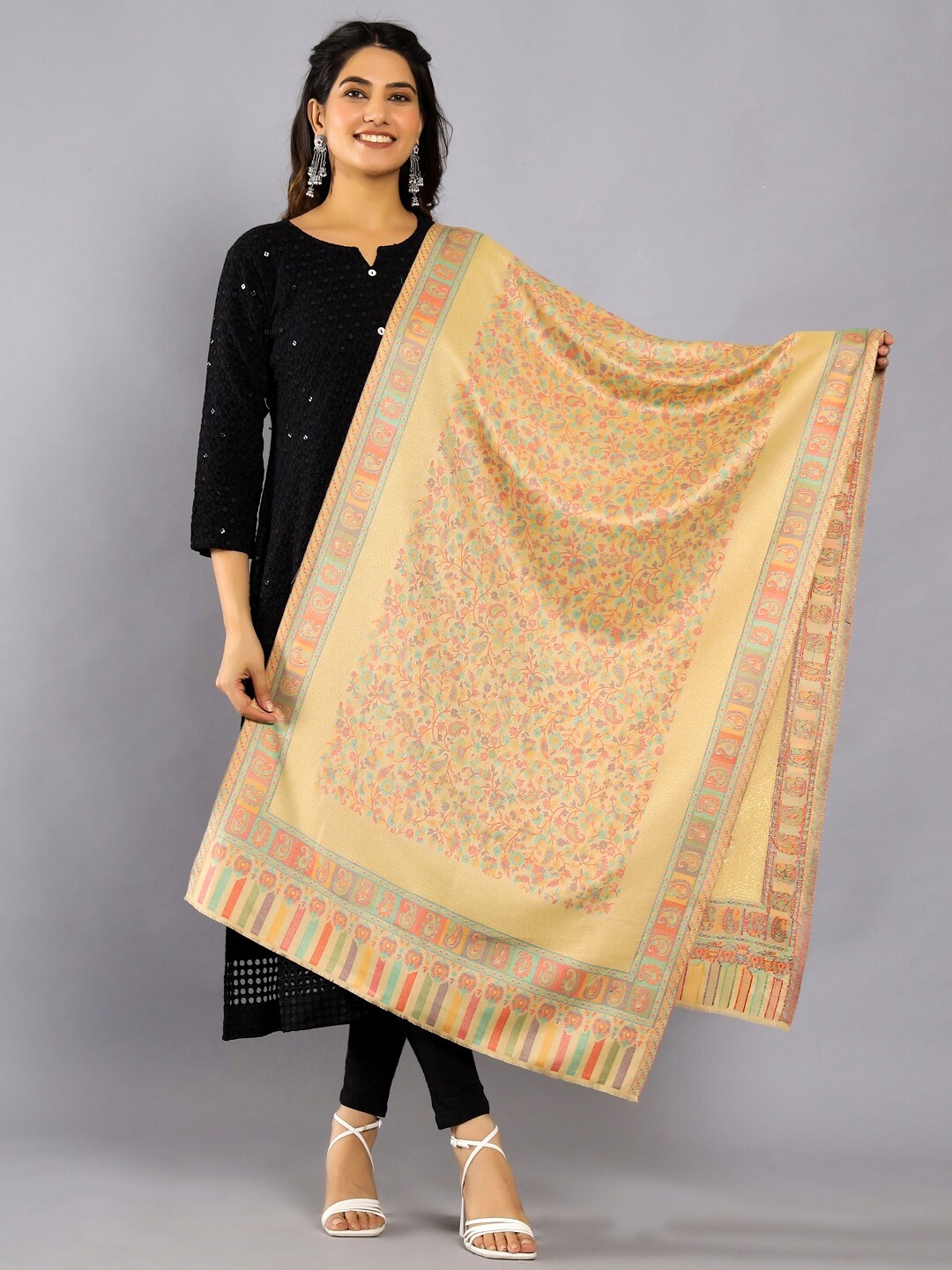 

HANDICRAFT PALACE Paisley Woven Design Zari Wool Shawl, Beige