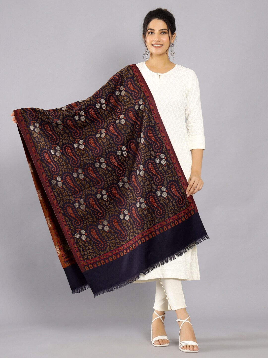 

HANDICRAFT PALACE Floral Woven Design Wool Shawl, Navy blue