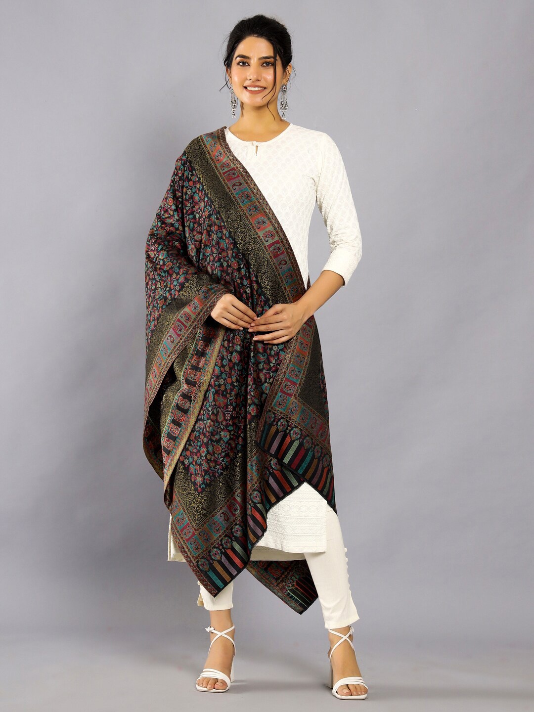 

HANDICRAFT PALACE Floral Woven Design Woollen Shawl, Black