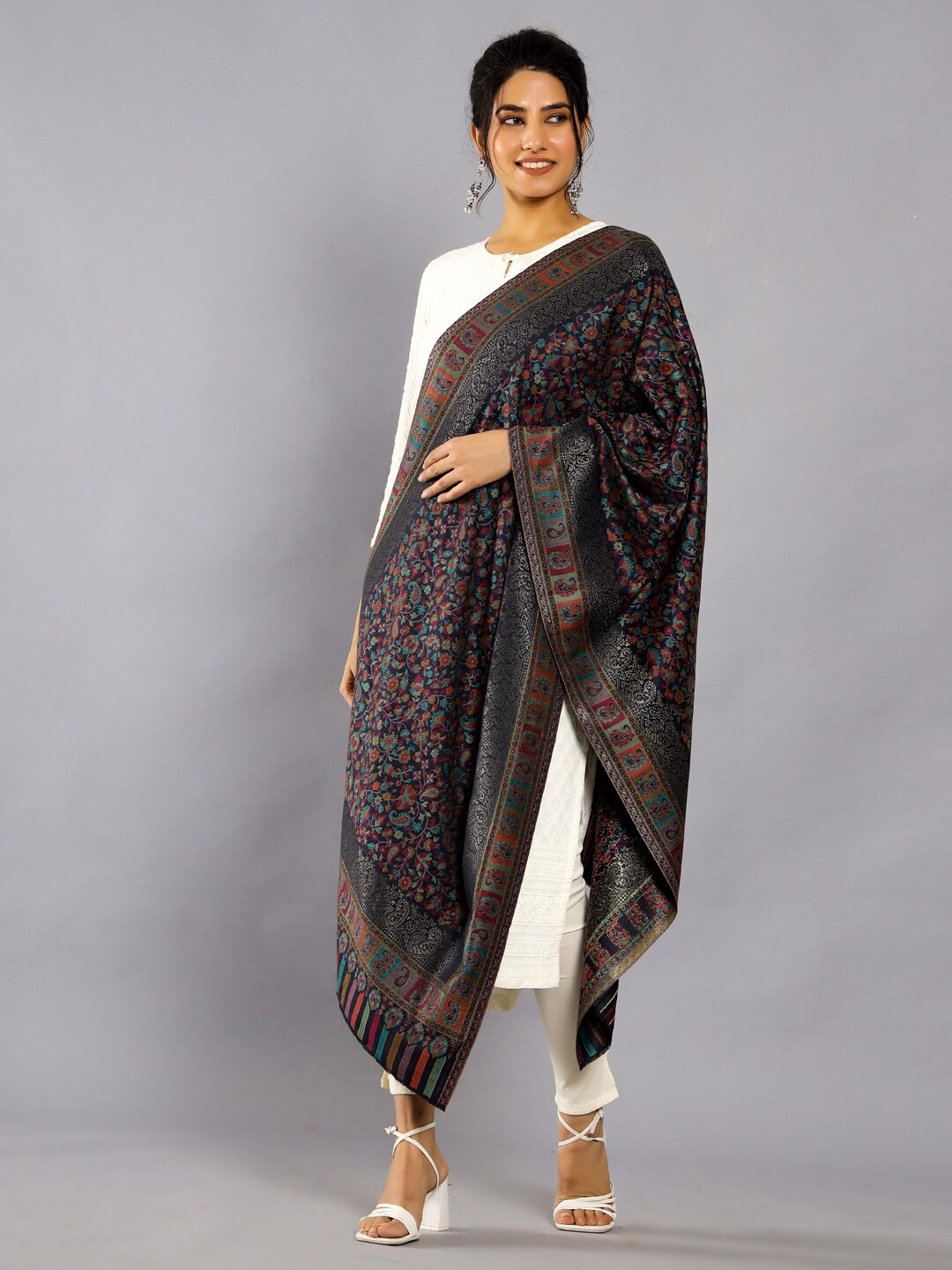 

HANDICRAFT PALACE Paisley Woven Design Zari Wool Shawl, Navy blue