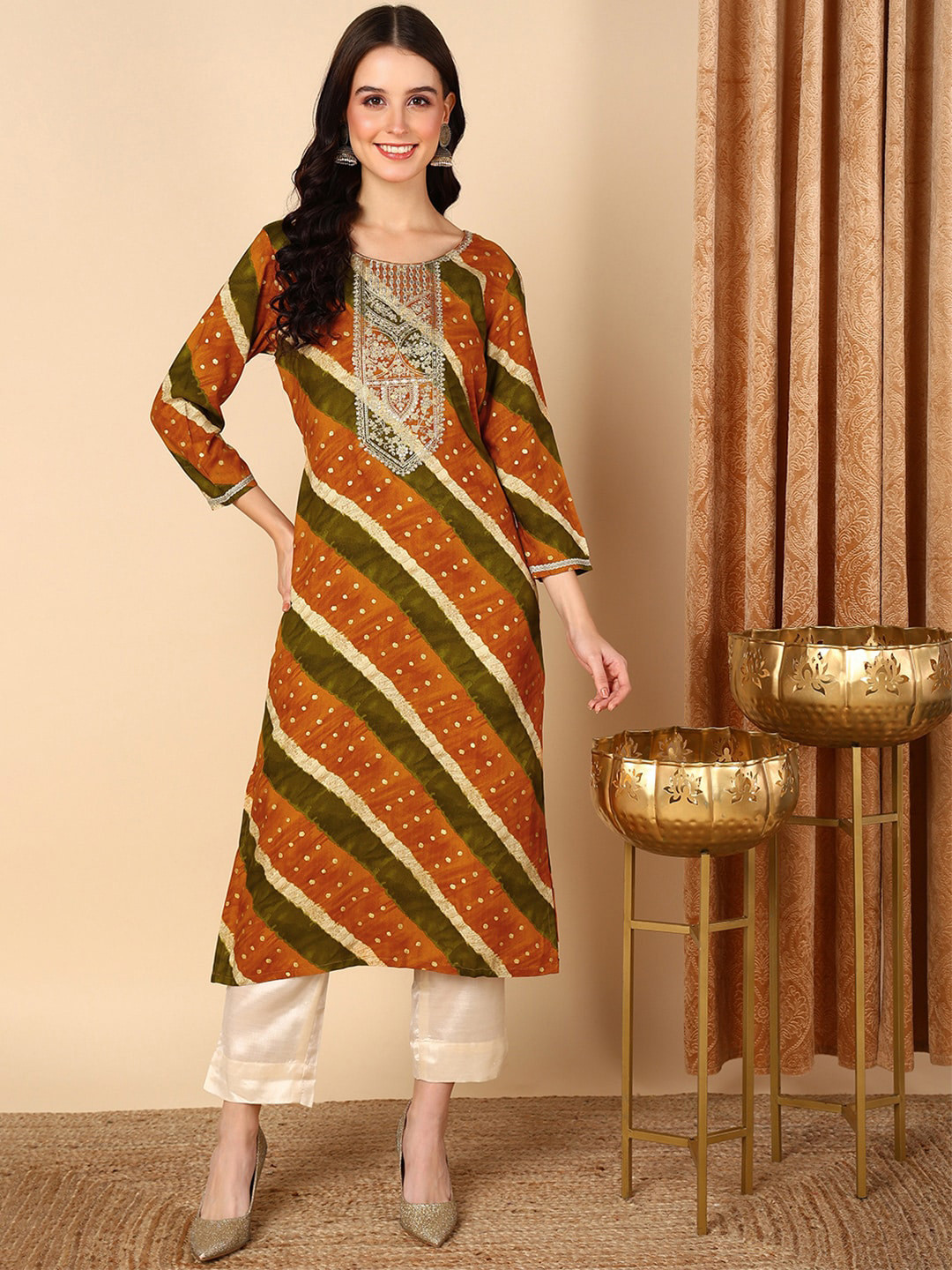 

AHIKA Mustard Yellow Leheriye Printed Sequined Thread Work Kurta
