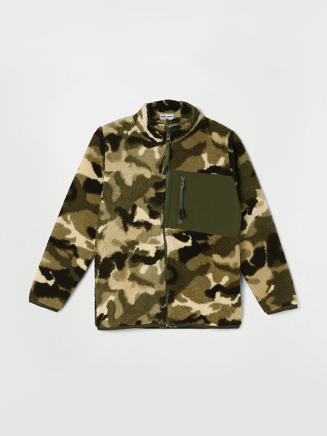 

Fame Forever by Lifestyle Boys Camouflage Printed Long Sleeve Zip Detail Tailored Jacket, Olive