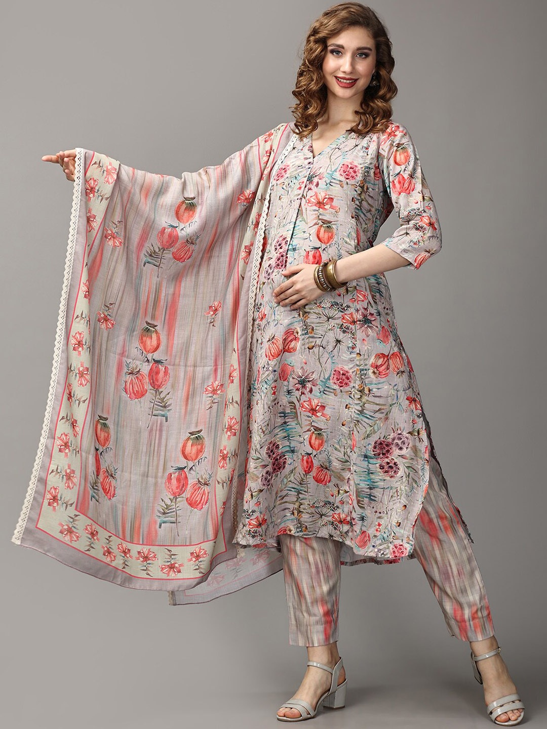 

The Mom Store Floral Printed Pure Cotton Maternity Straight Kurta With Trousers & Dupatta, Grey