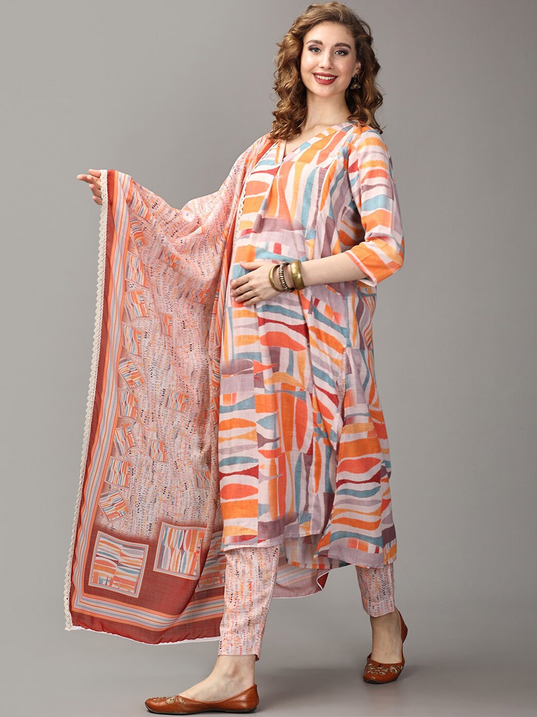 

The Mom Store Abstract Printed Pure Cotton Maternity Kurta & Trousers With Dupatta, Orange