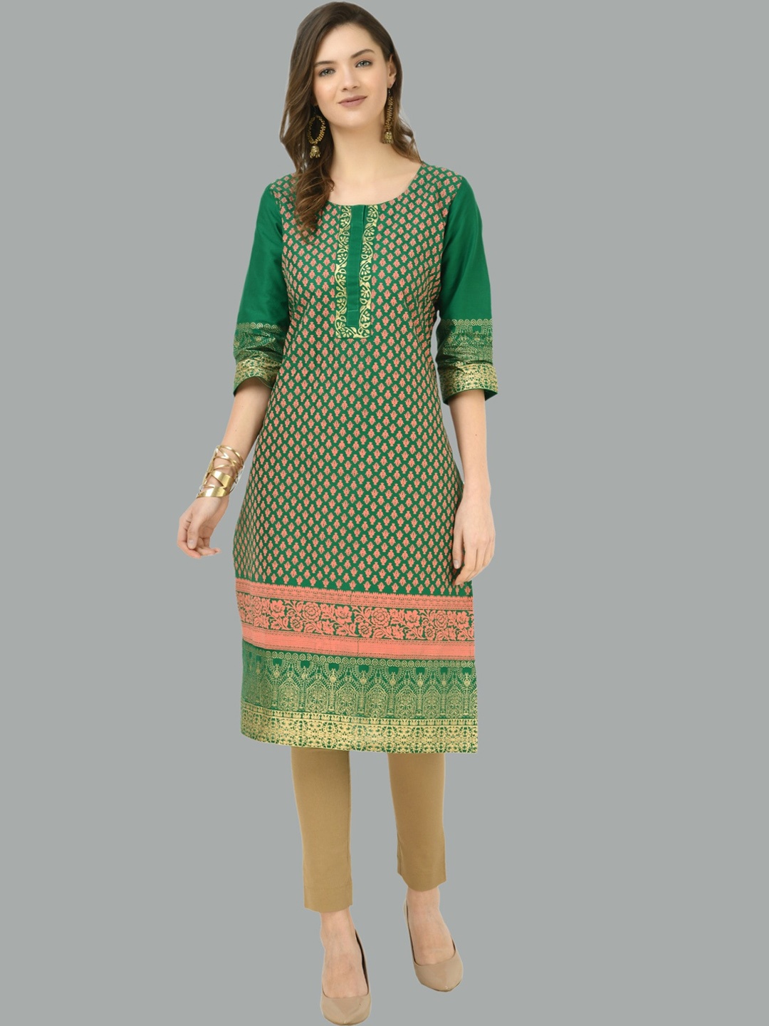 

Moshe Ethnic Motifs Printed Straight Kurta, Green