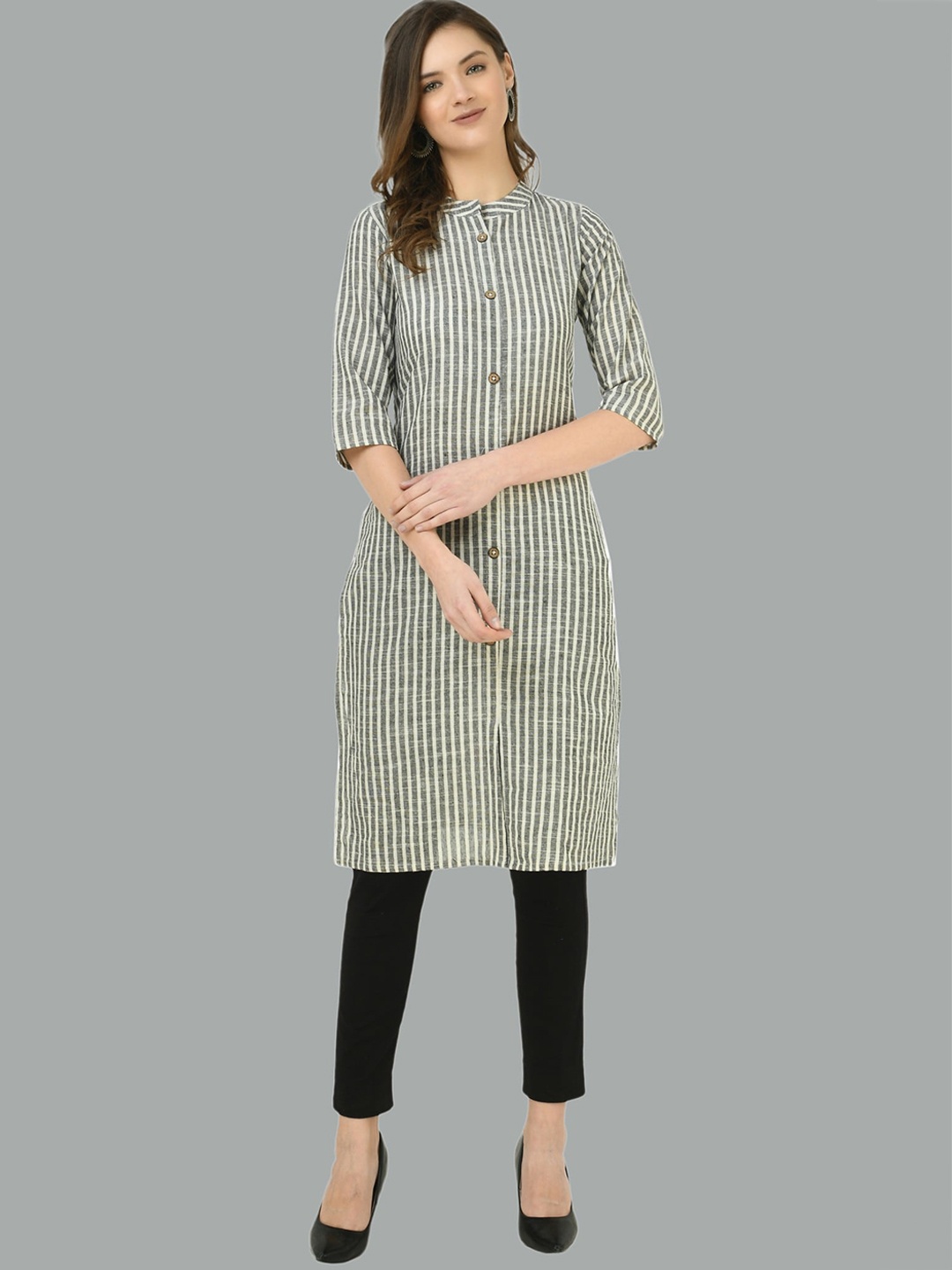 

Moshe Striped Mandarin Collar Straight Kurta, Grey