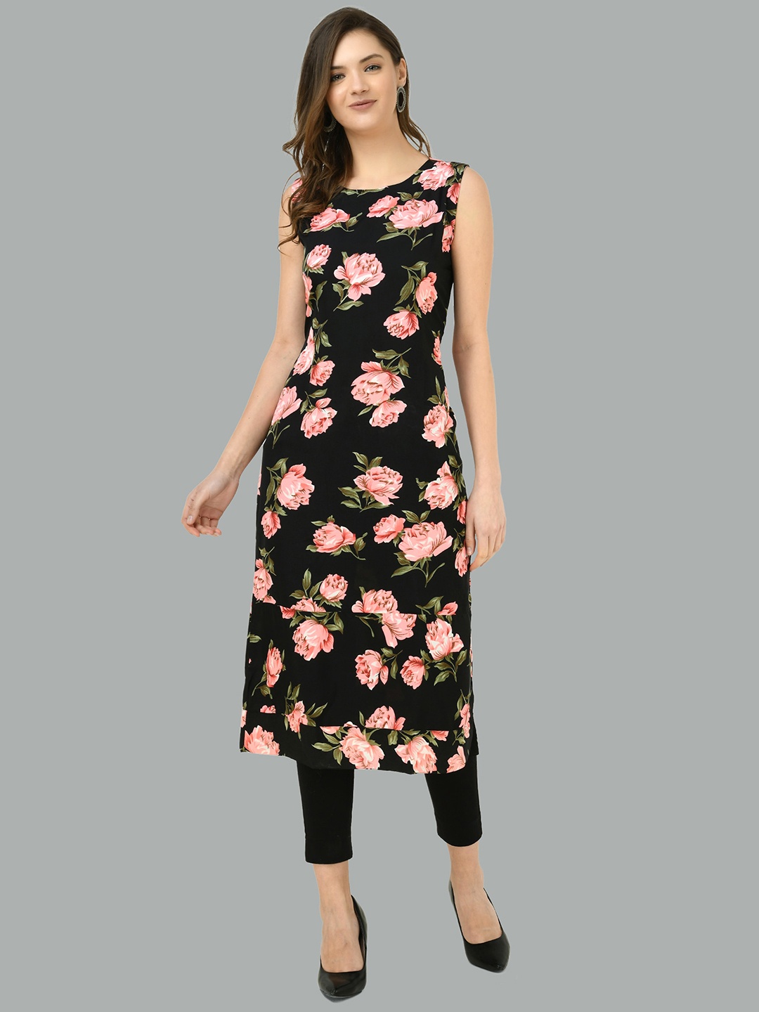 

Moshe Floral Printed Sleeveless Straight Kurta, Black