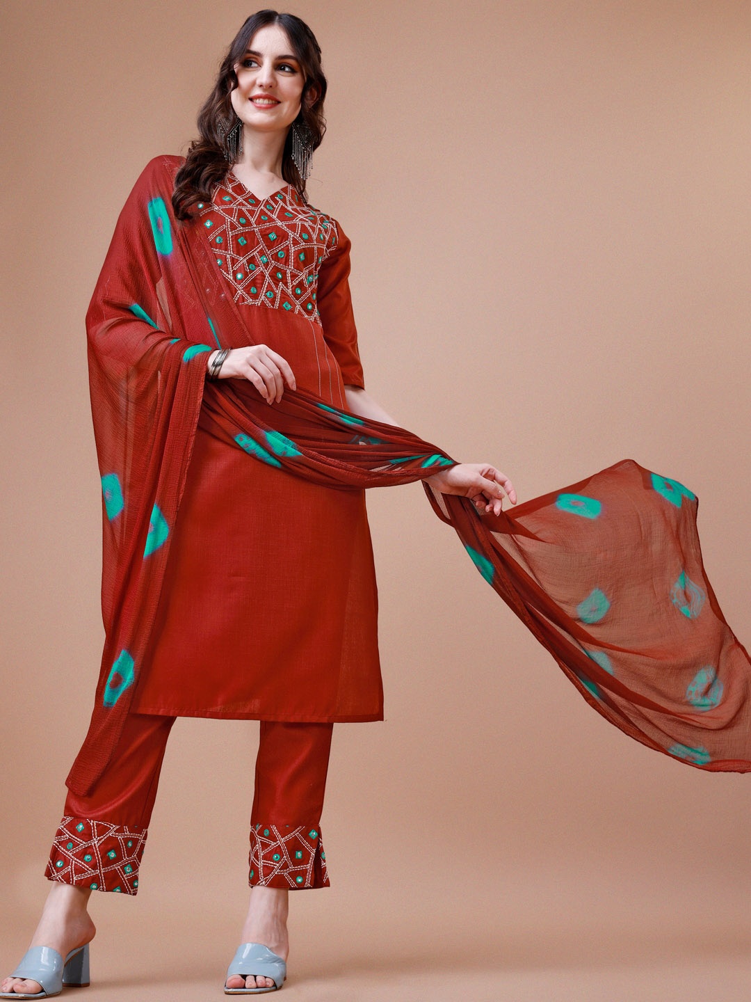 

KALINI Ethnic Motifs Embroidered Regular Kurta with Trousers & With Dupatta, Rust