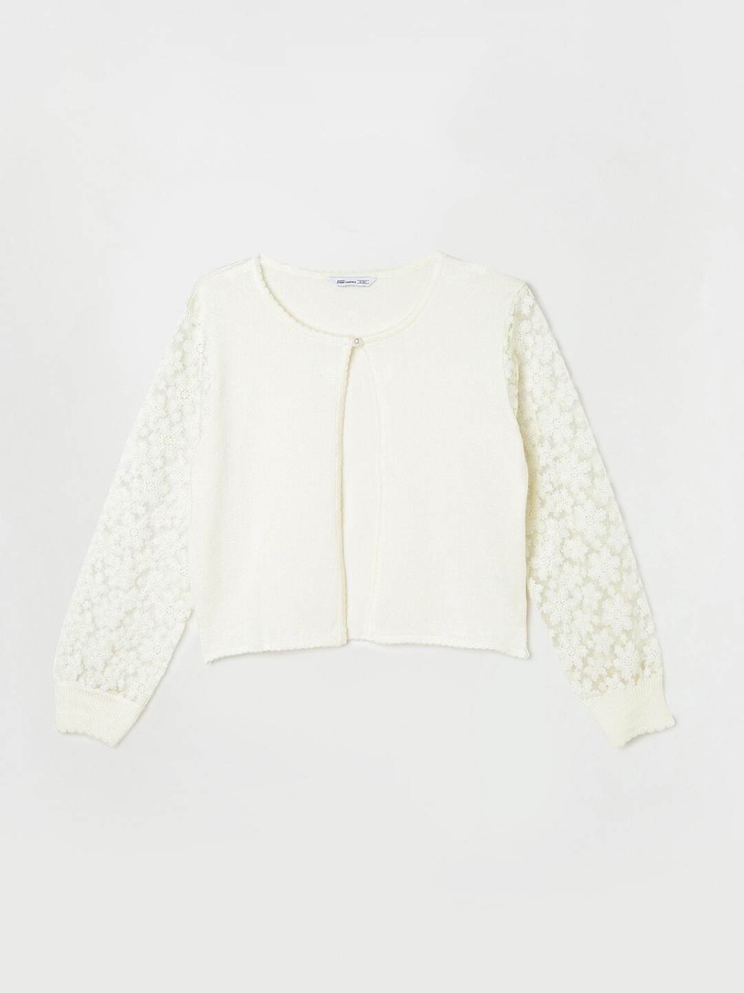 

Fame Forever by Lifestyle Girls Ribbed Lace Inserts Front-Open Sweater, Off white