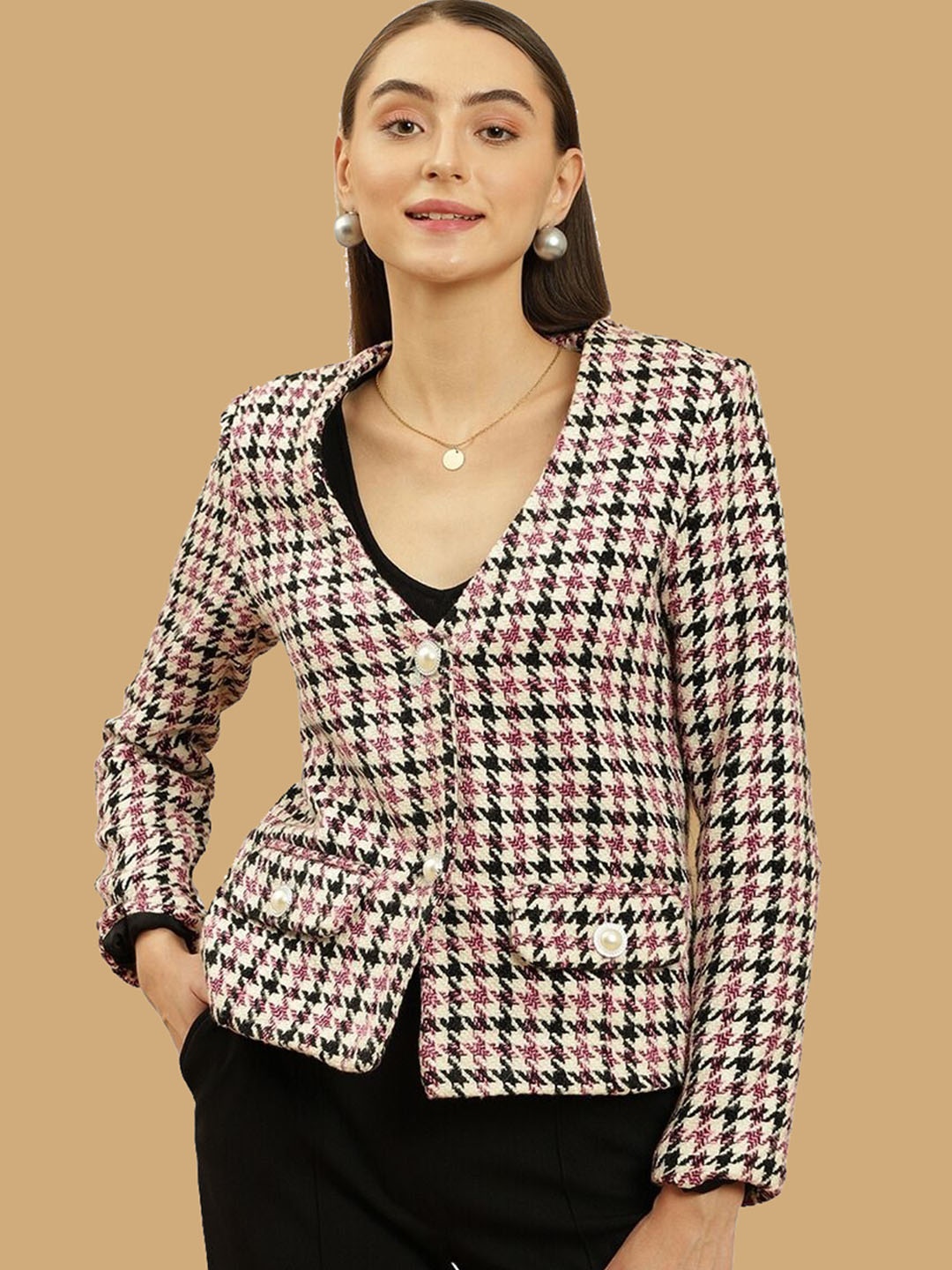 

Beatnik Checked Shawl Collar Long Sleeves Single-Breasted Cotton Comfort Fit Blazers, Pink