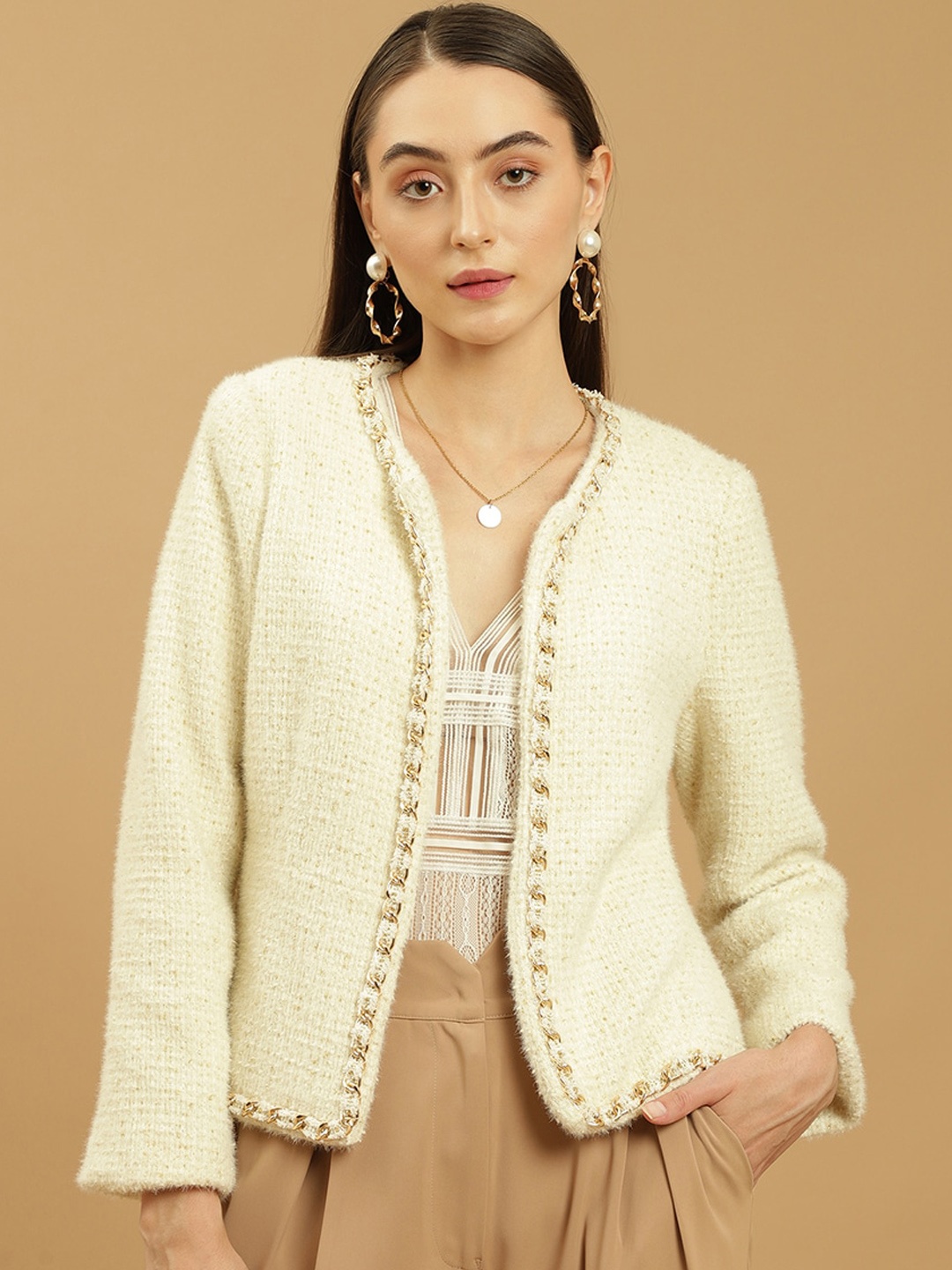 

Beatnik Self Design Cotton Open Front Jacket, Off white