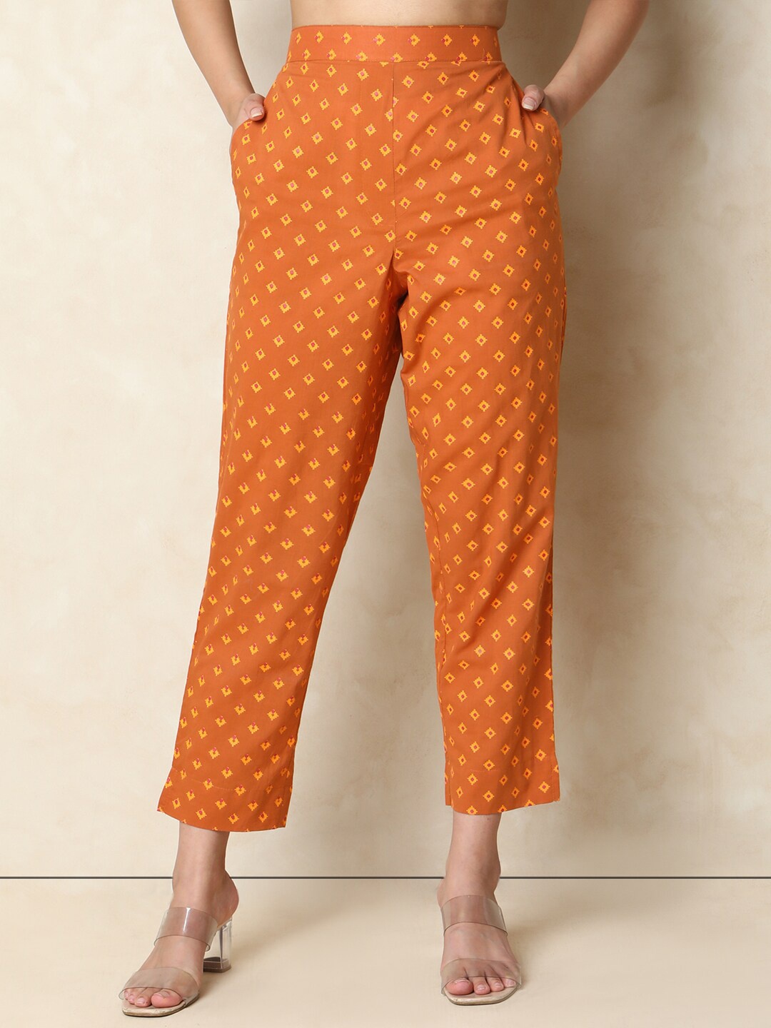 

Indifusion Women Ethnic Motifs Printed Straight Fit High-Rise Trousers, Orange