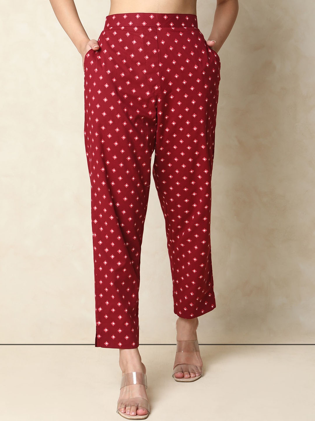 

Indifusion Women Ethnic Motifs Printed Straight Fit High-Rise Trousers, Maroon