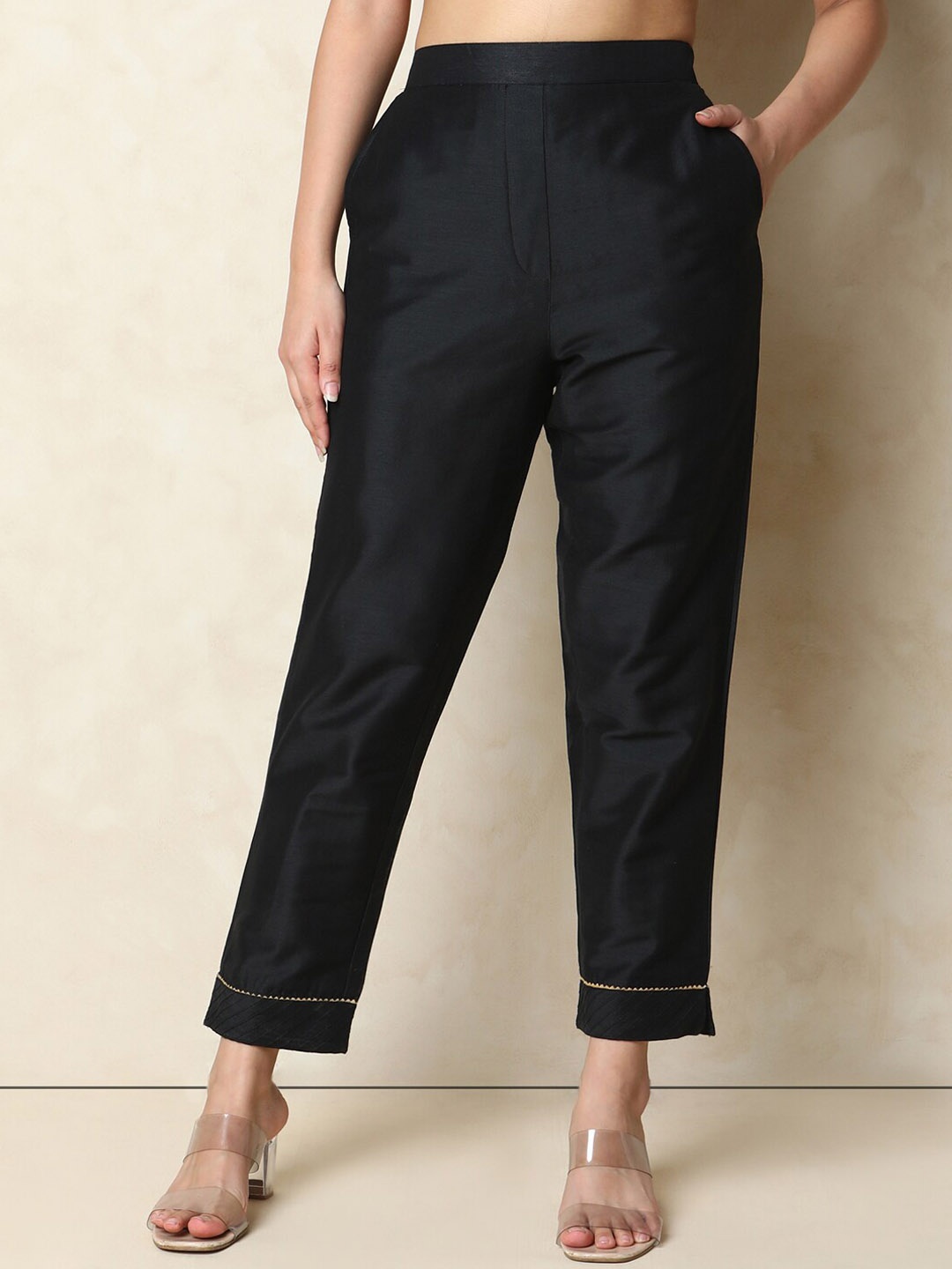 

Indifusion Women Straight Fit High-Rise Cigarette Trousers, Black