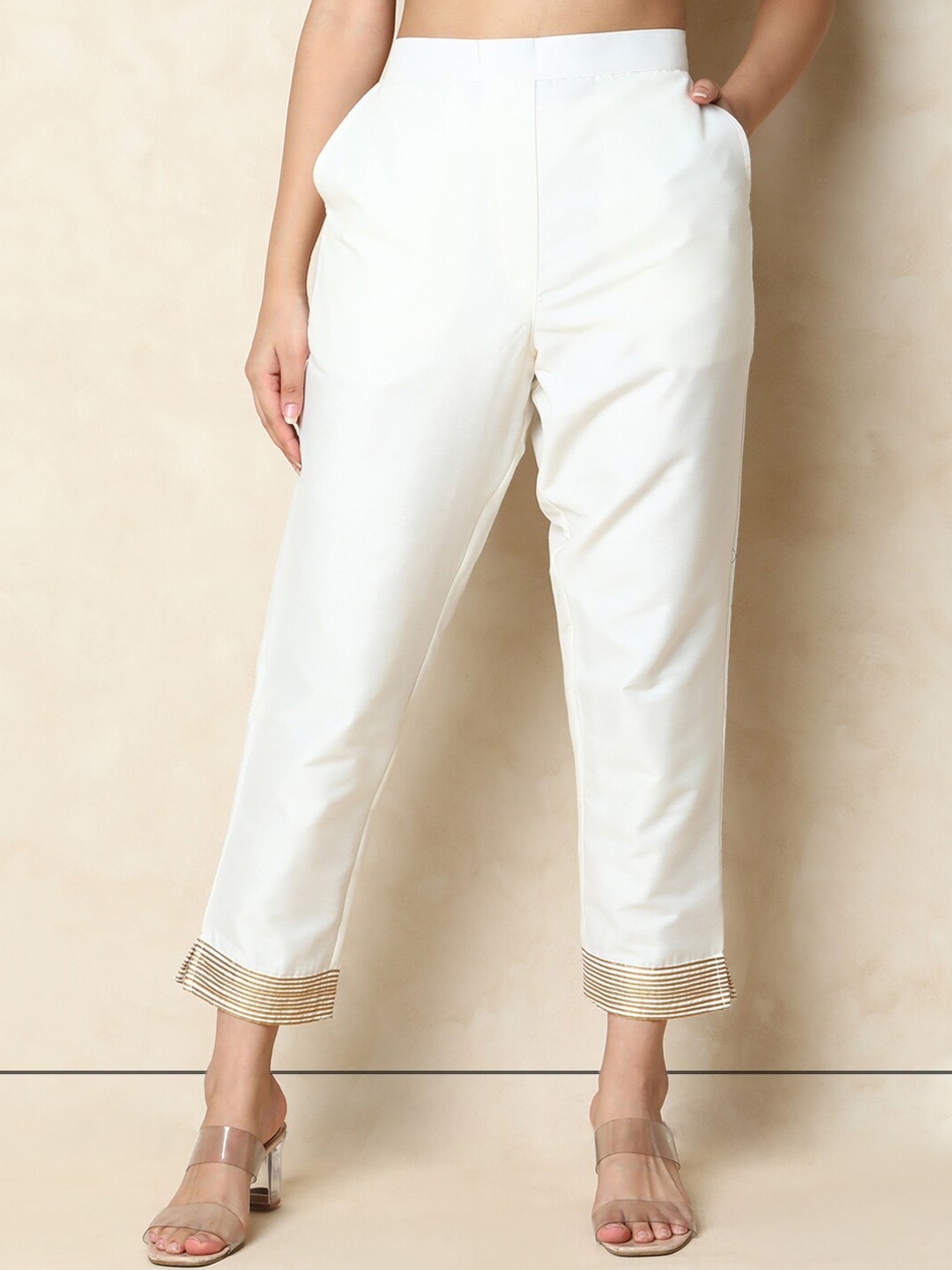 

Indifusion Women Straight Fit High-Rise Trousers, Cream