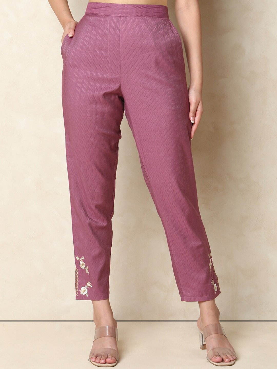 

Indifusion Women Straight Fit High-Rise Cigarette Trousers, Purple