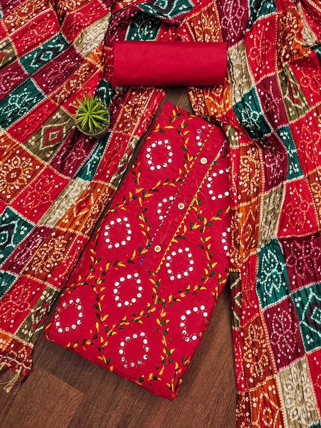 

KALINI Ethnic Motifs Embroidered Mirror Work Bandhani Unstitched Dress Material, Red