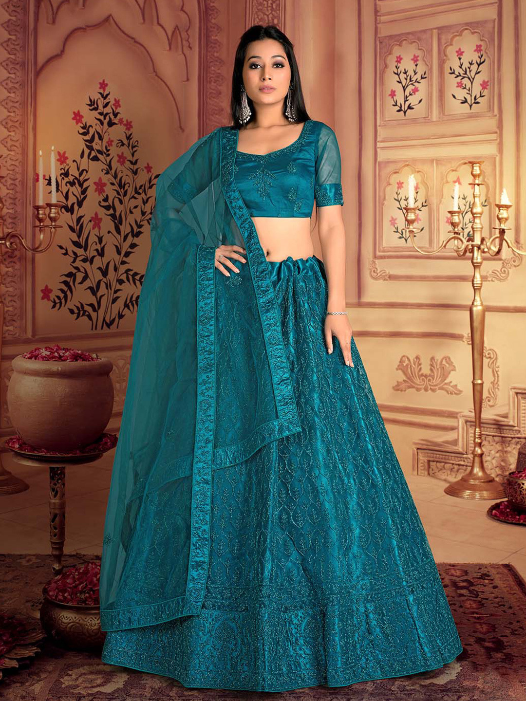 

HALFSAREE STUDIO Embroidered Semi-Stitched Lehenga & Unstitched Blouse With Dupatta, Green