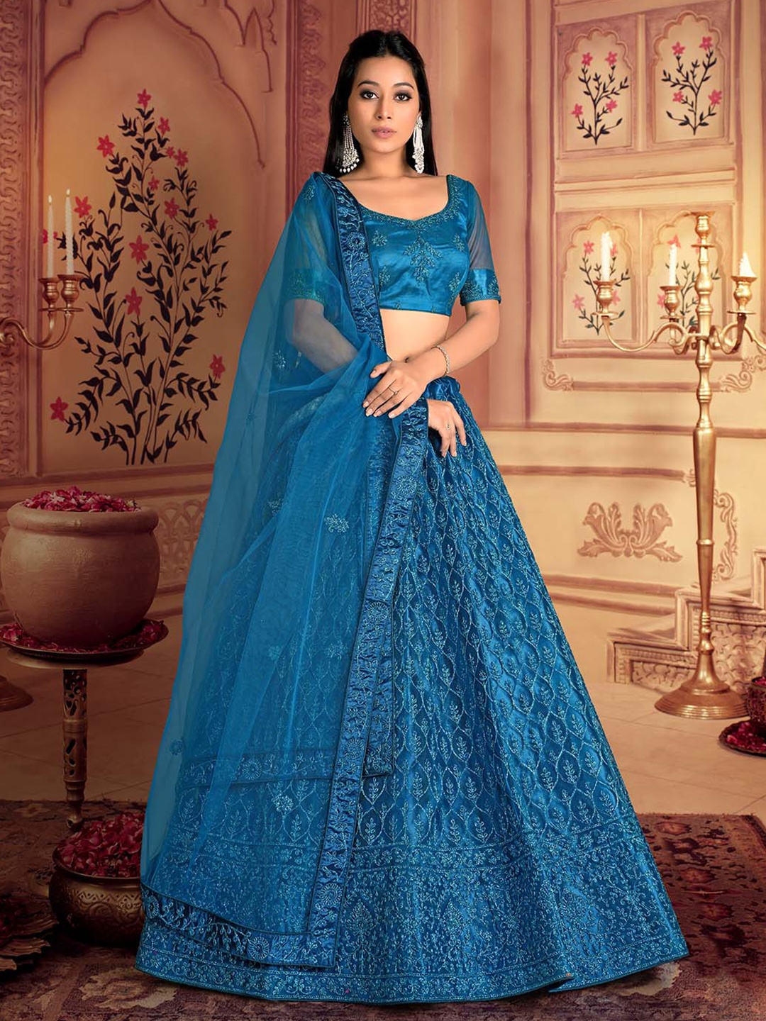 

HALFSAREE STUDIO Embroidered Semi-Stitched Lehenga & Unstitched Blouse With Dupatta, Teal