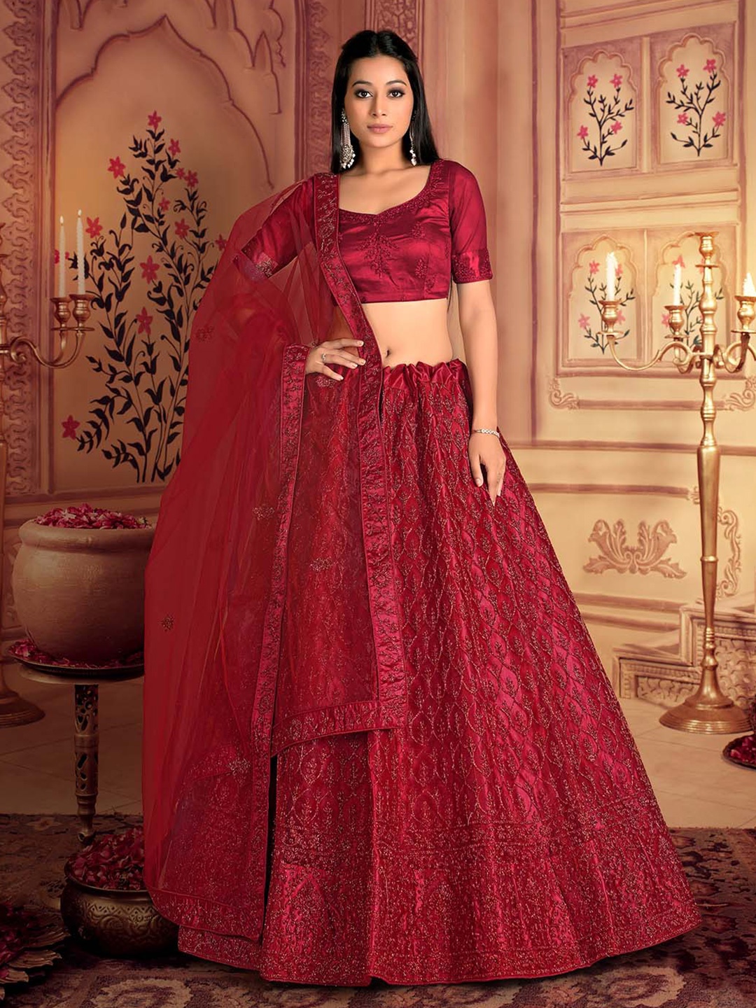 

HALFSAREE STUDIO Embroidered Semi-Stitched Lehenga & Unstitched Blouse With Dupatta, Red