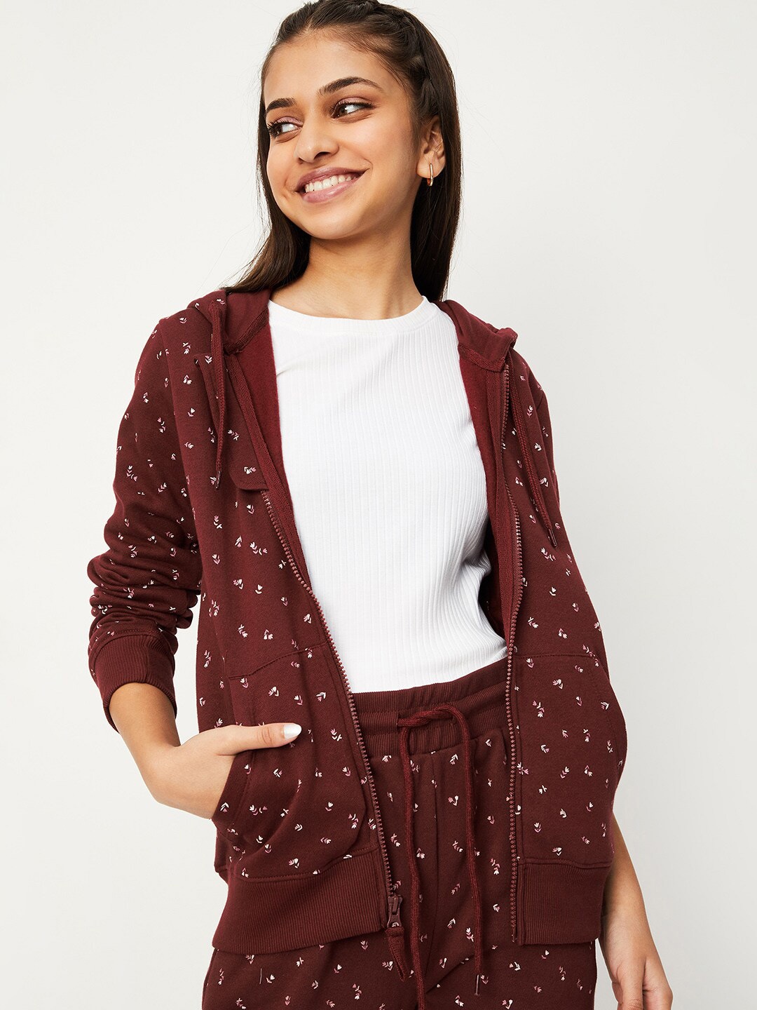 

max Girls Floral Printed Hooded Sweatshirt, Burgundy