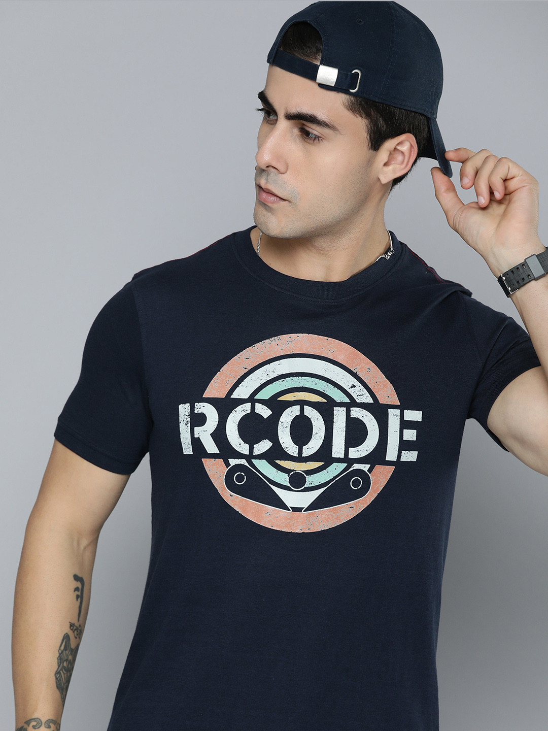 

R.Code by The Roadster Life Co. Men Graphic Printed T-shirt, Navy blue