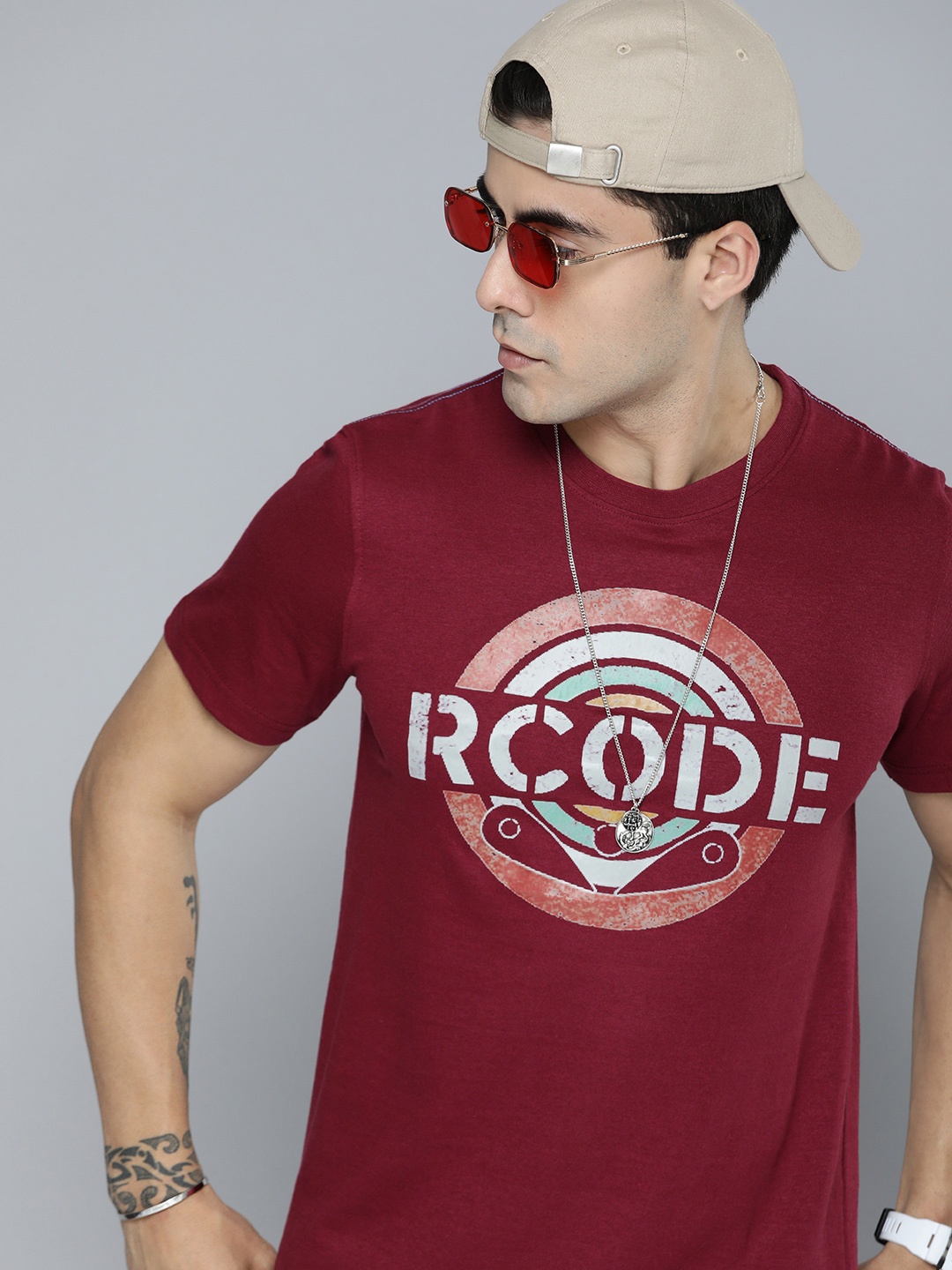 

R.Code by The Roadster Life Co. Men Graphic Printed T-shirt, Maroon