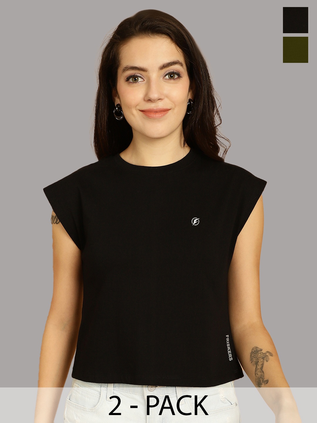 

Friskers Women Black 2 Extended Sleeves Applique T-shirt