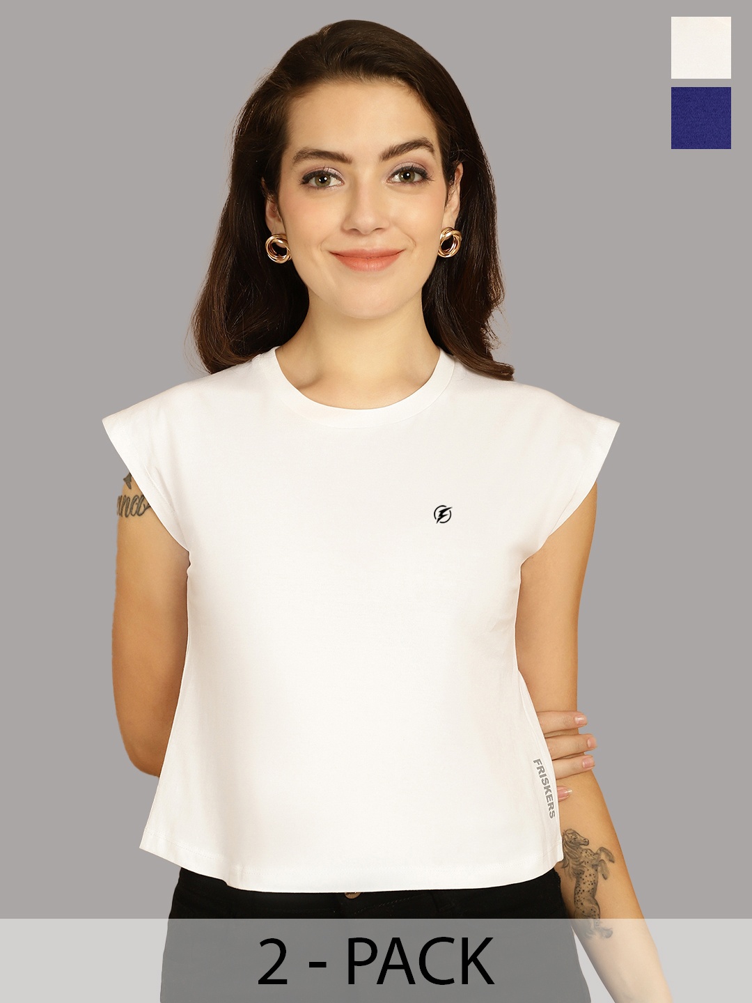 

Friskers Women White 2 Extended Sleeves Applique T-shirt