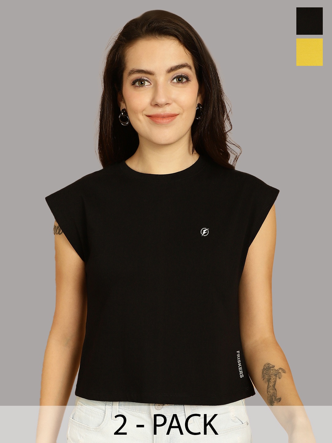 

Friskers Women Black 2 Applique T-shirt
