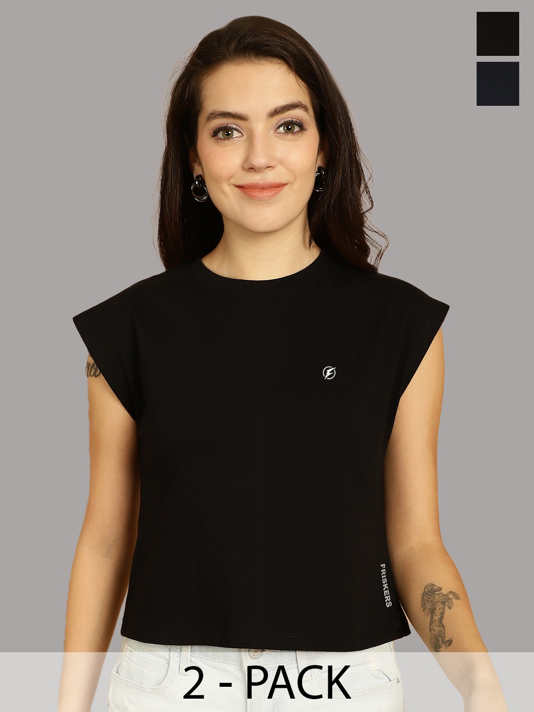 

Friskers Women Black 2 Applique T-shirt