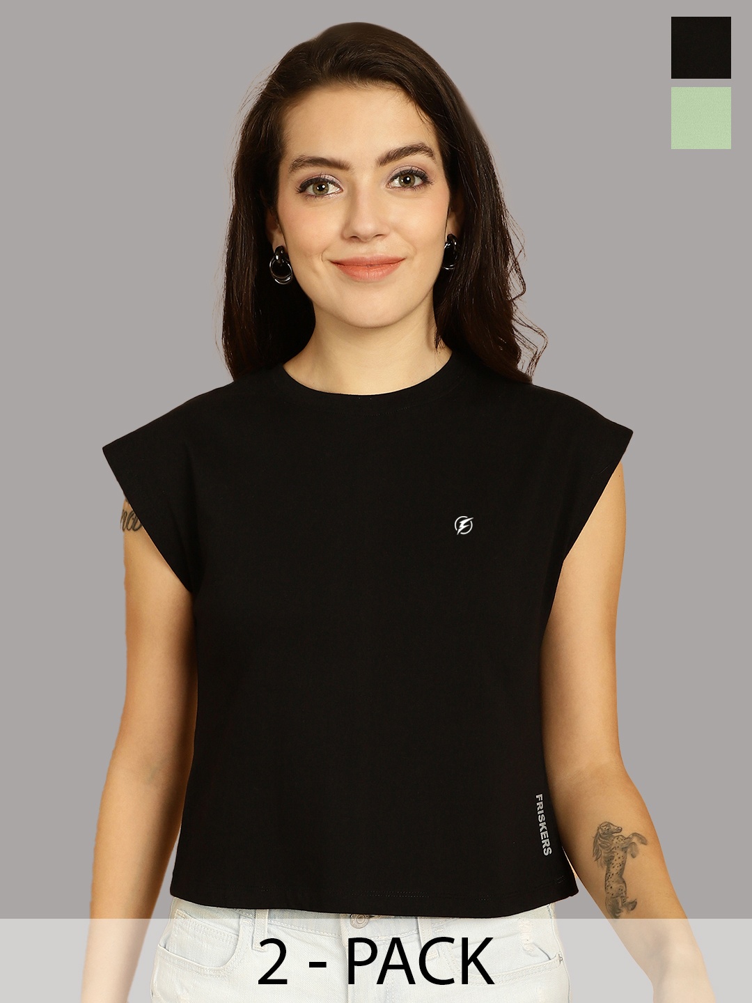 

Friskers Women Black 2 Extended Sleeves Applique T-shirt