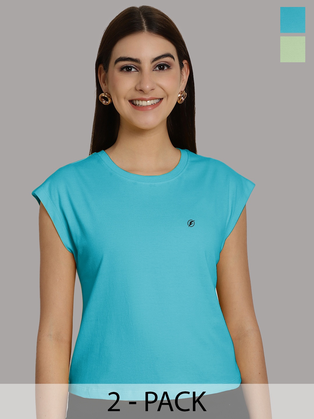 

Friskers Women Turquoise Blue 2 Extended Sleeves Applique T-shirt