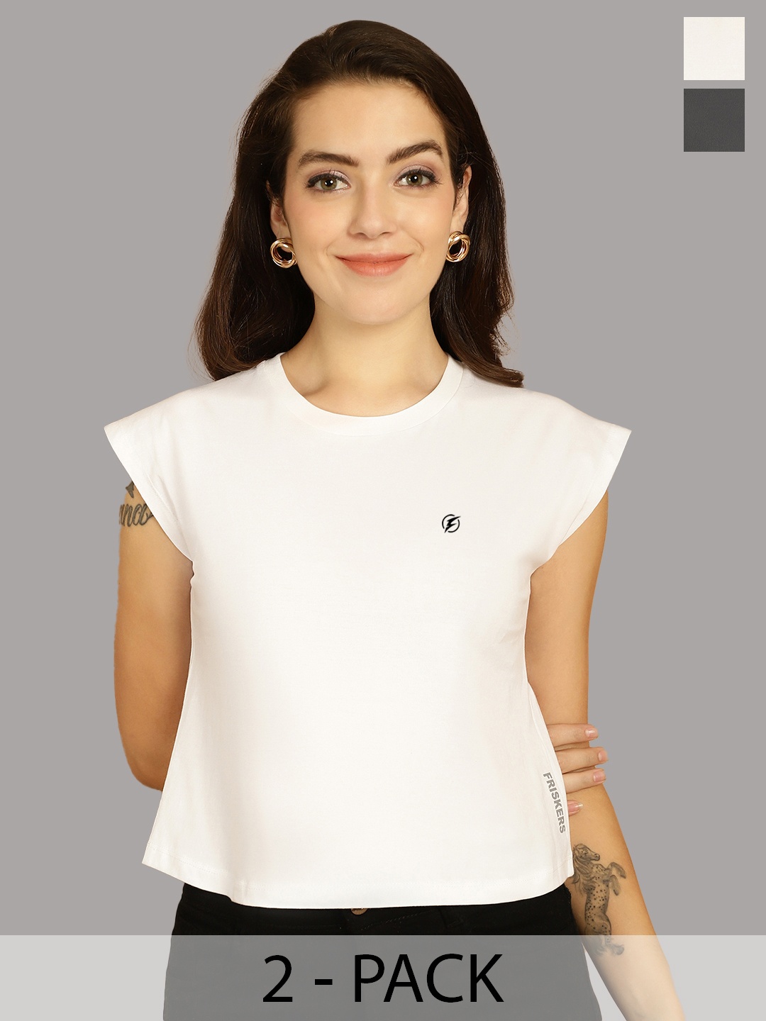 

Friskers Women White 2 Extended Sleeves Applique T-shirt