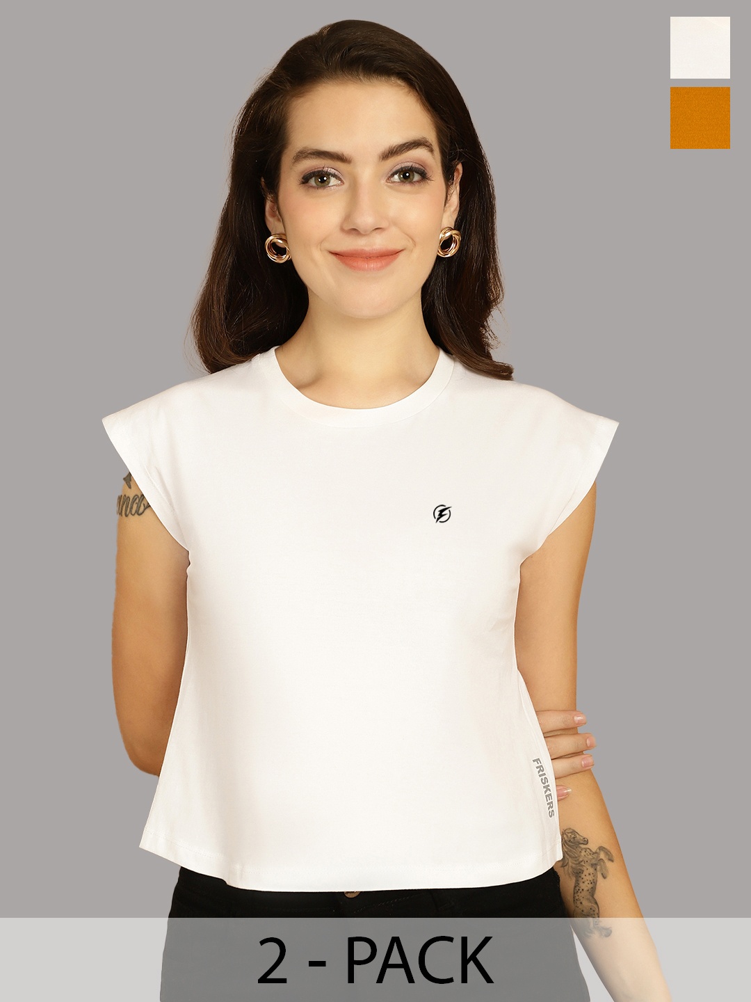 

Friskers Women White 2 Extended Sleeves Applique T-shirt