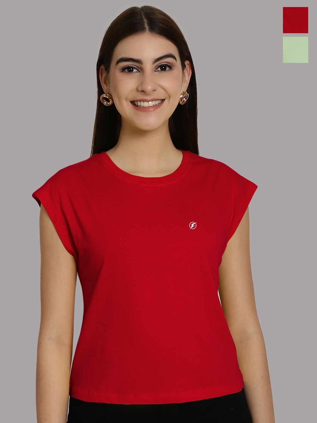 

Friskers Women Red 2 Extended Sleeves Applique T-shirt