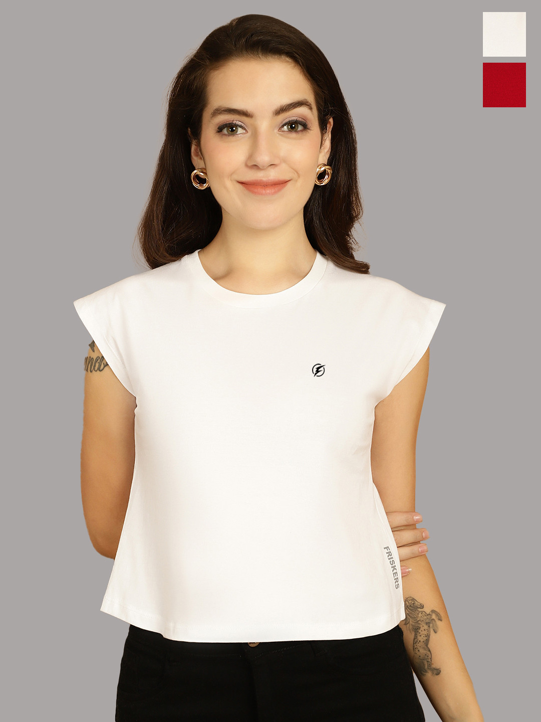 

Friskers Women White 2 Applique T-shirt