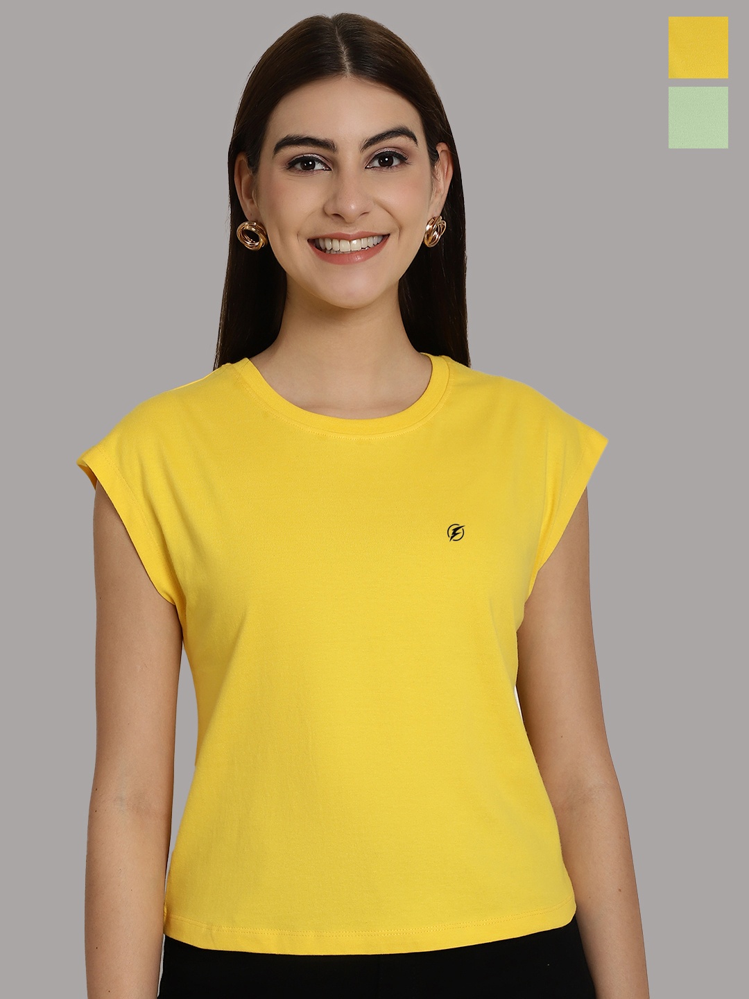 

Friskers Women Yellow 2 Extended Sleeves Applique T-shirt
