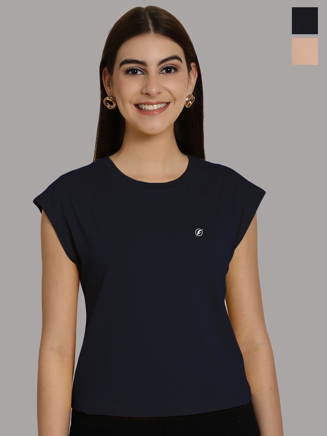 

Friskers Women Navy Blue 2 Extended Sleeves Applique T-shirt