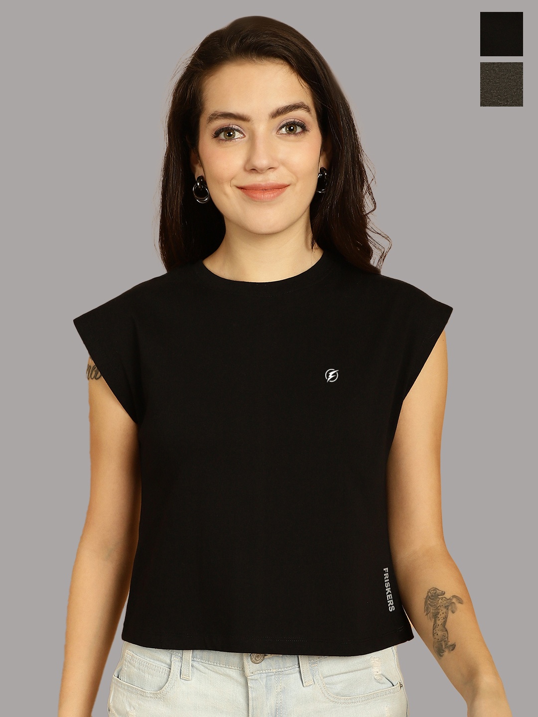 

Friskers Women Black 2 Extended Sleeves Applique T-shirt