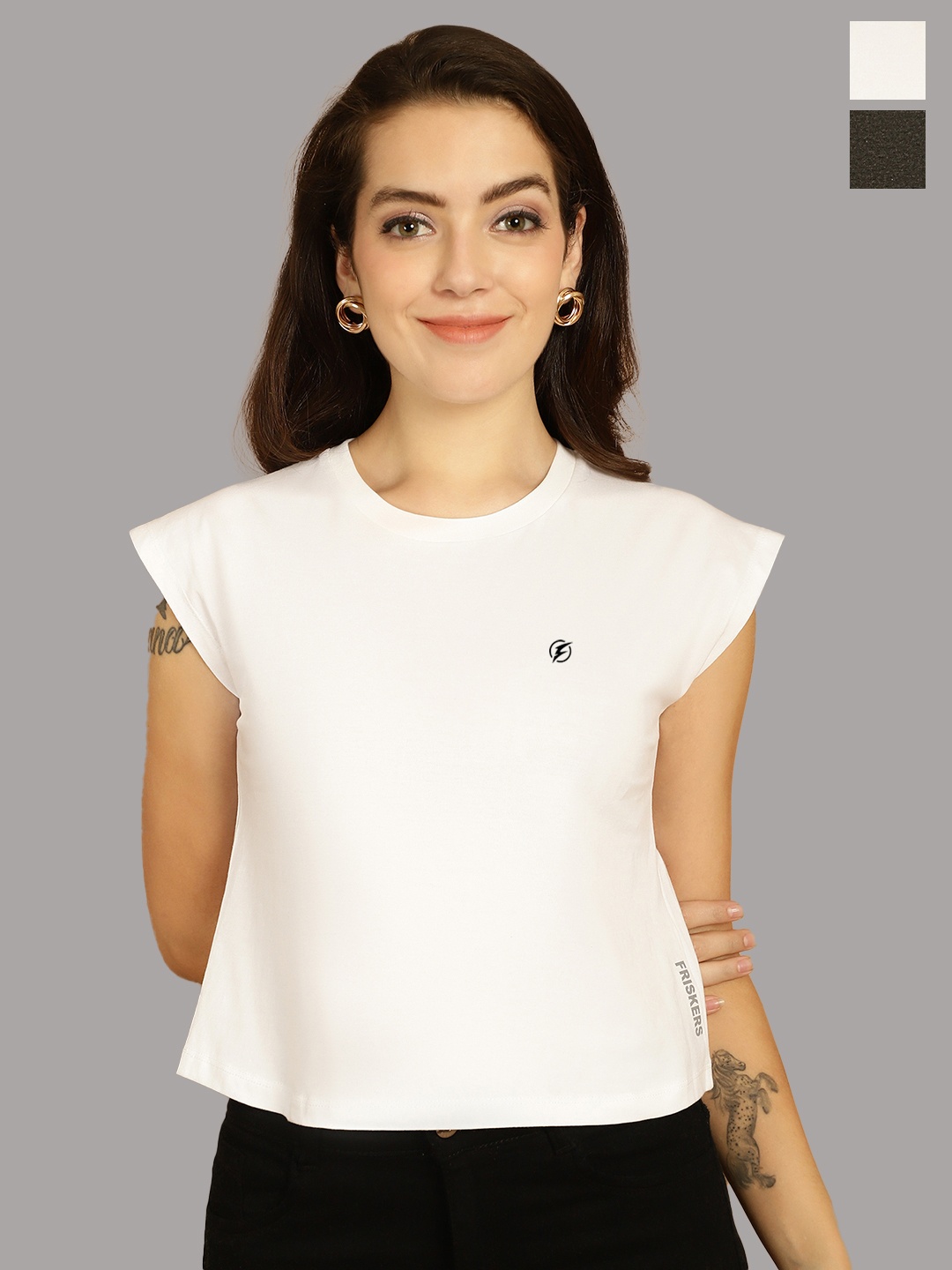 

Friskers Women White 2 Extended Sleeves Applique T-shirt